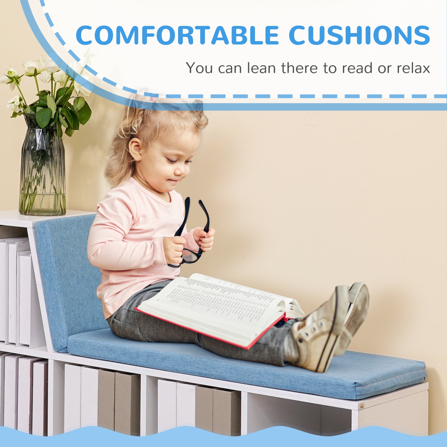 HOMCOM – Bibliothèque à 5 cubes de rangement avec coin de lecture, bibliothèque moderne avec coussin de siège, tablette de rangement pour bureau à