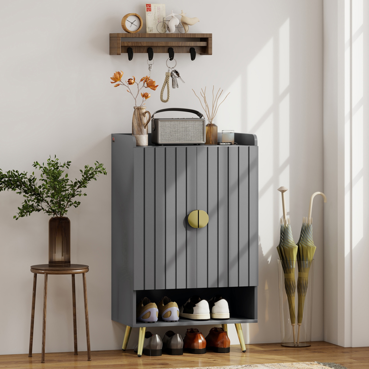 HOMCOM Narrow Shoe Cabinet for Entryway, Shoe Storage Cabinet with 2 Doors, Adjustable Shelves, Open Compartment and Steel Legs for Hallway, Living