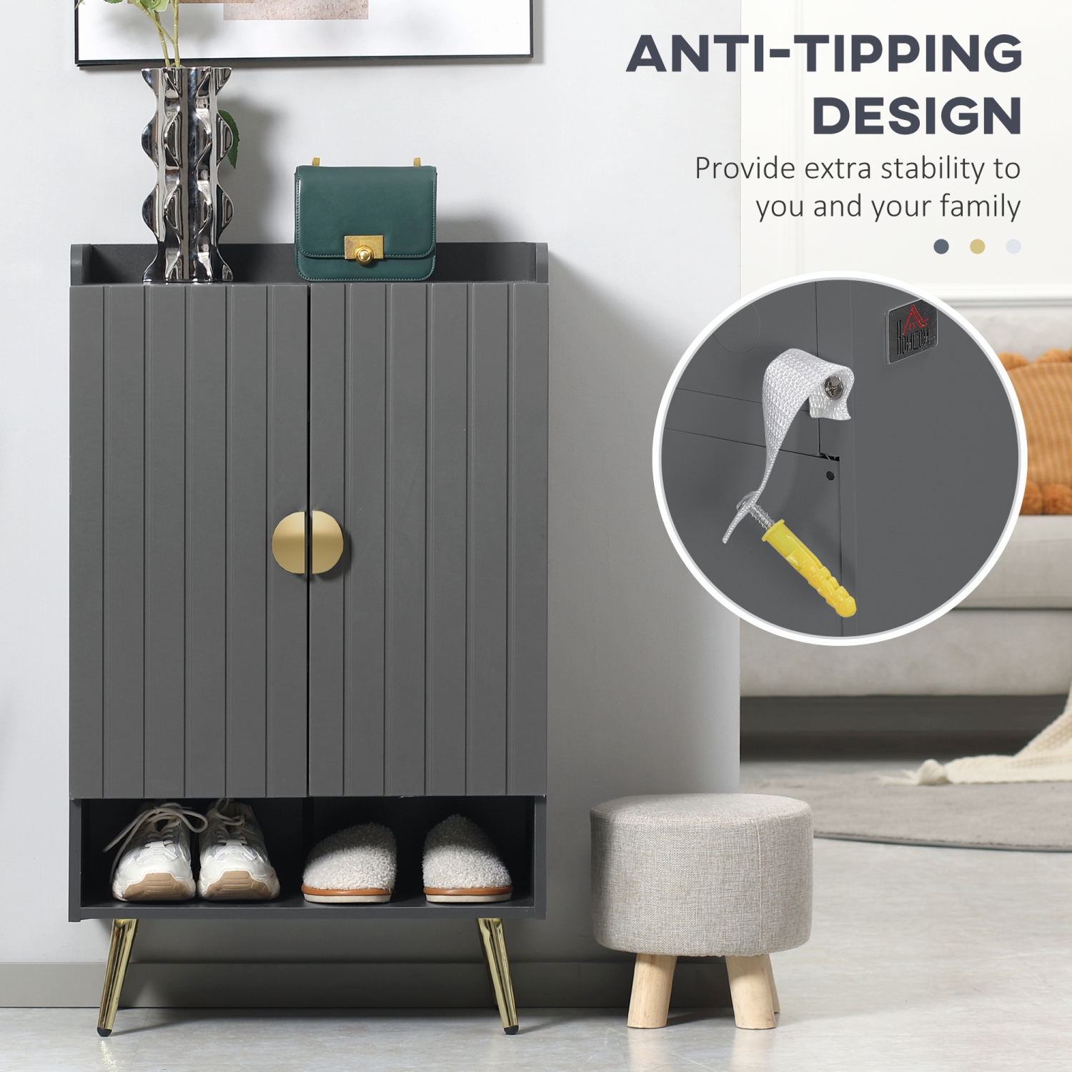 HOMCOM Narrow Shoe Cabinet for Entryway, Shoe Storage Cabinet with 2 Doors, Adjustable Shelves, Open Compartment and Steel Legs for Hallway, Living