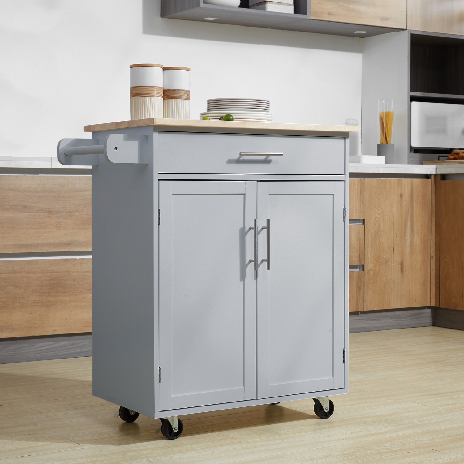Chariot à roulettes pour îlot de cuisine avec dessus en bois, espace de rangement suffisant avec tablettes pour porte-serviettes, chariot de service