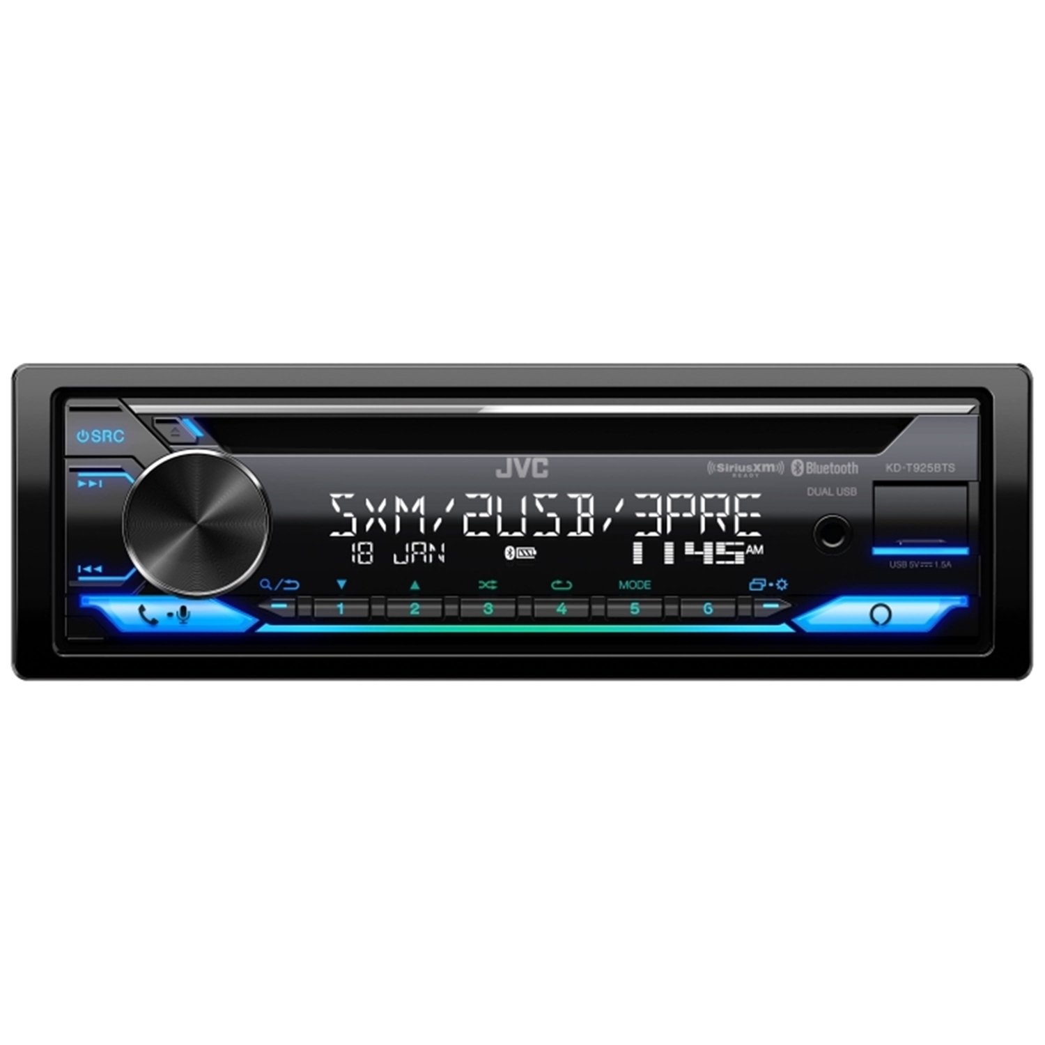JVC KD-T925BTS - 1-DIN In-Dash CD Player, Bluetooth 4.2, For Car, Black