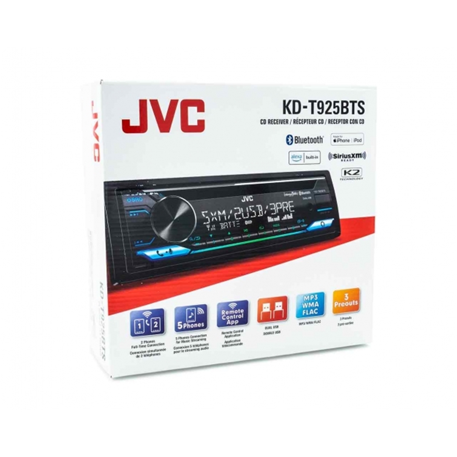 JVC KD-T925BTS - 1-DIN In-Dash CD Player, Bluetooth 4.2, For Car, Black