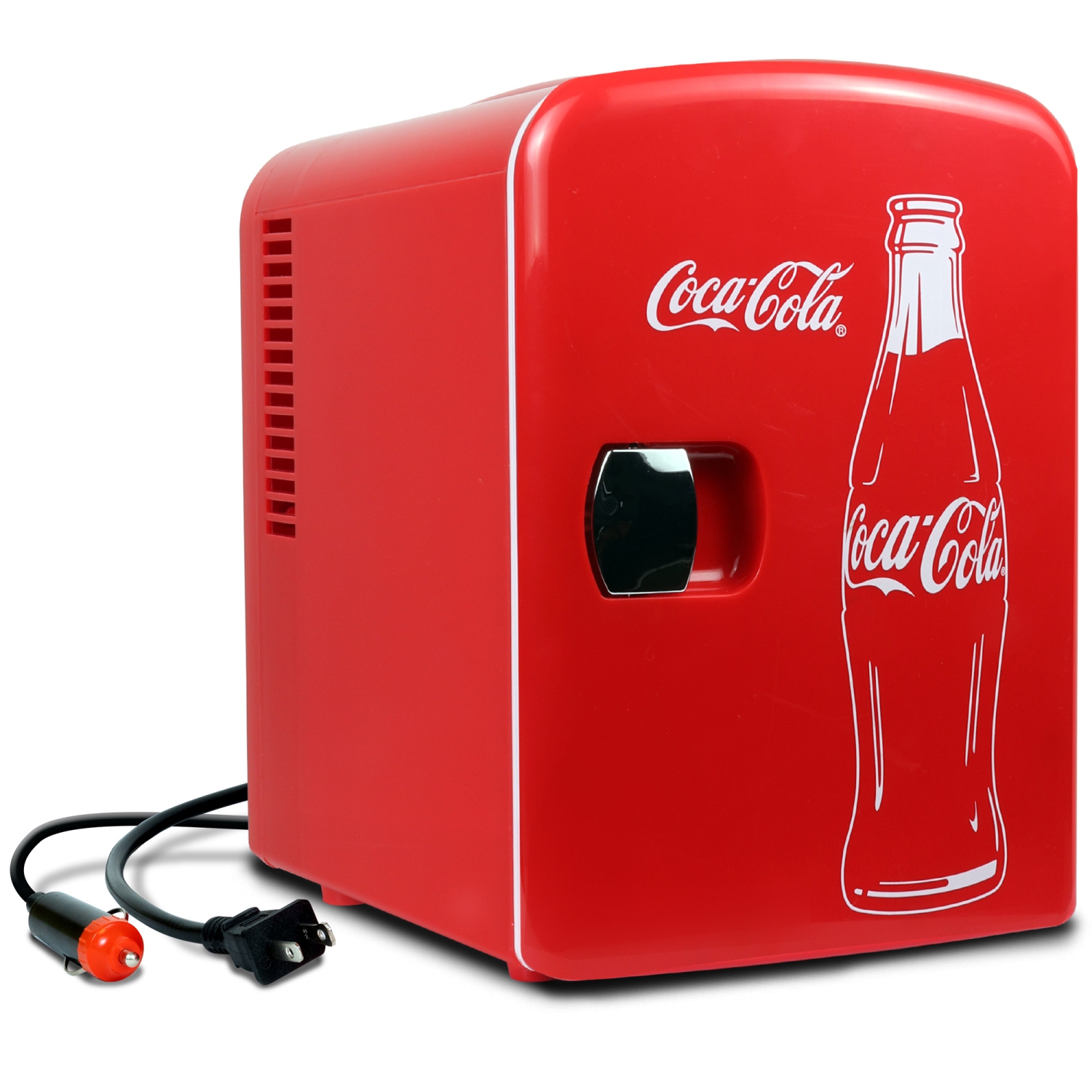 Coca-Cola Classic Coke Bottle 4L Mini Fridge w/ 12V DC and 110V AC Cords, 6 Can Portable Cooler, Personal Travel Refrigerator Red