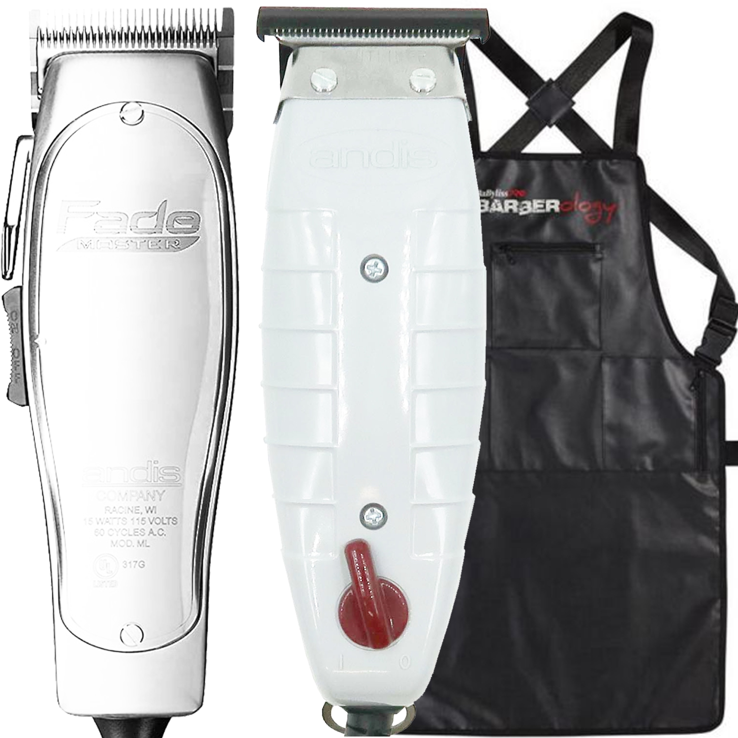 Andis 01690 Fade Master Hair Clipper with Andis 04710 T-Outliner Trimmer and Apron