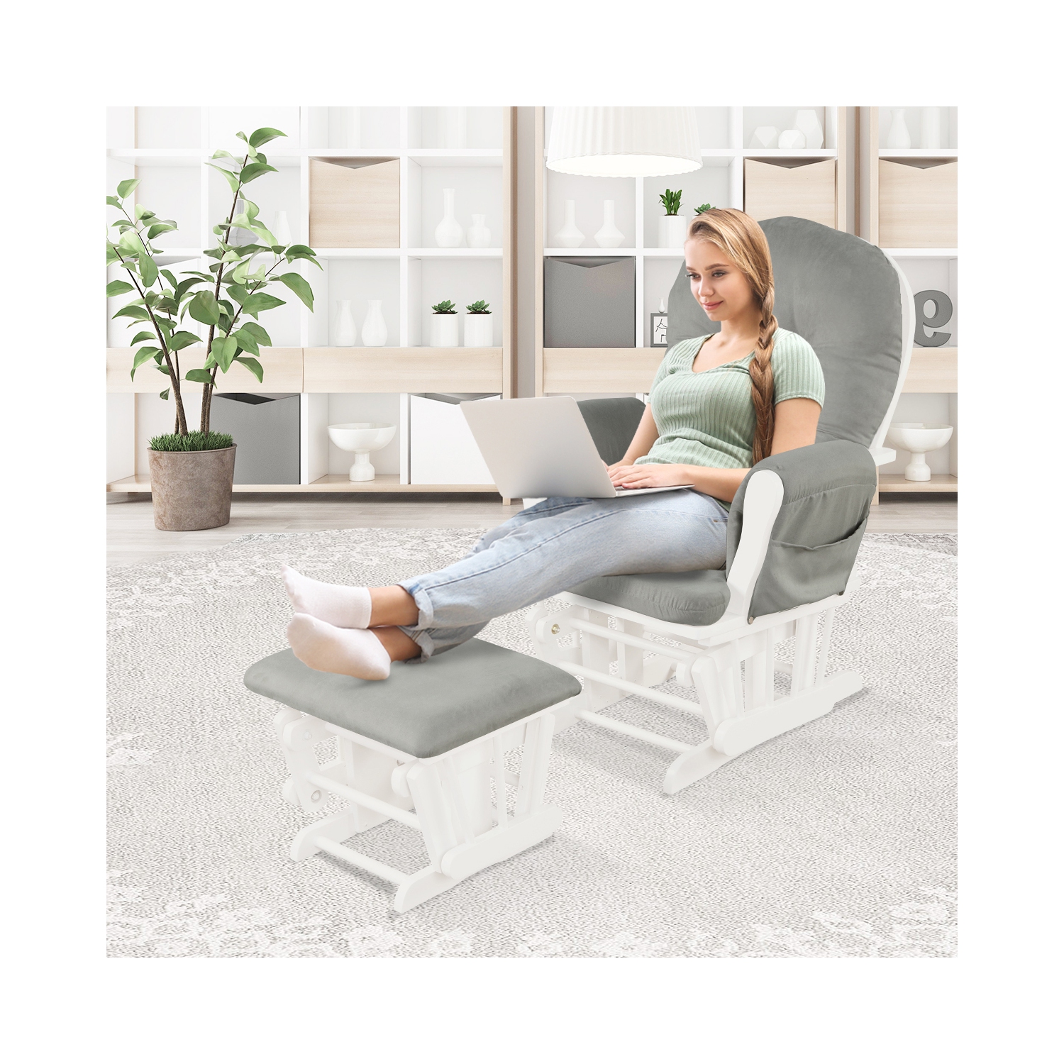 Topbuy Rocking Chair Baby Nursery Chair Glider with Ottoman &Storage Pocket