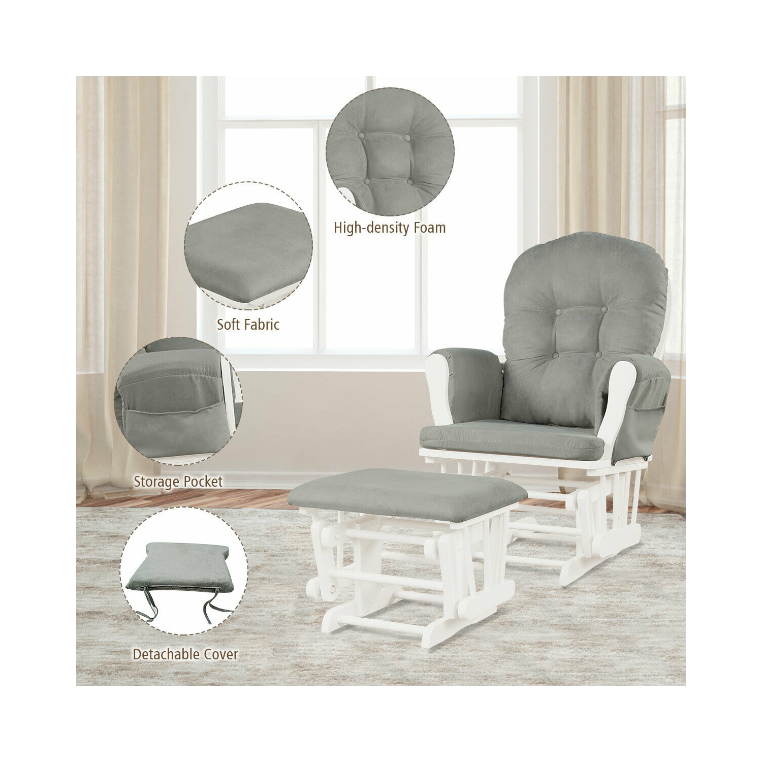 Topbuy Rocking Chair Baby Nursery Chair Glider with Ottoman &Storage Pocket
