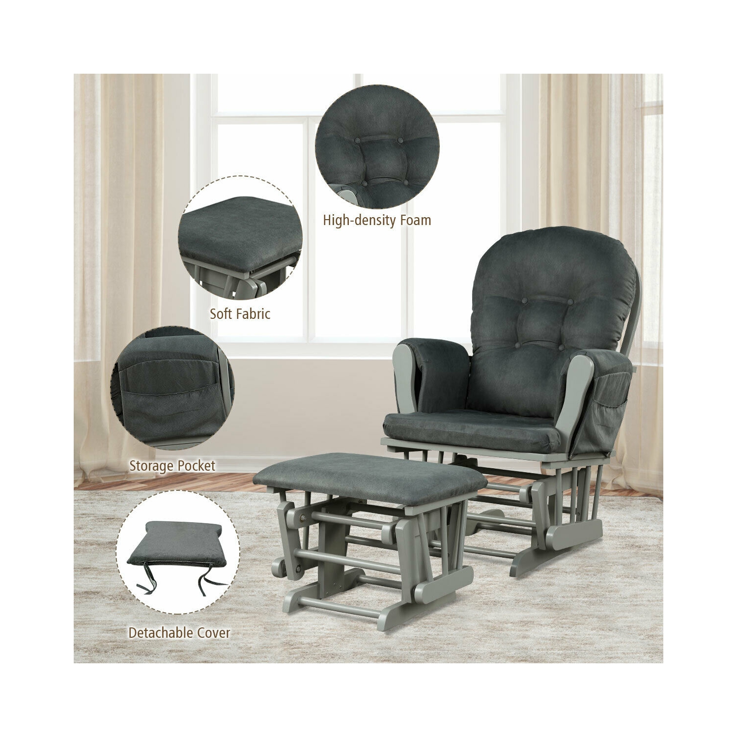 Topbuy Rocking Chair Baby Nursery Chair Glider with Ottoman &Storage Pocket