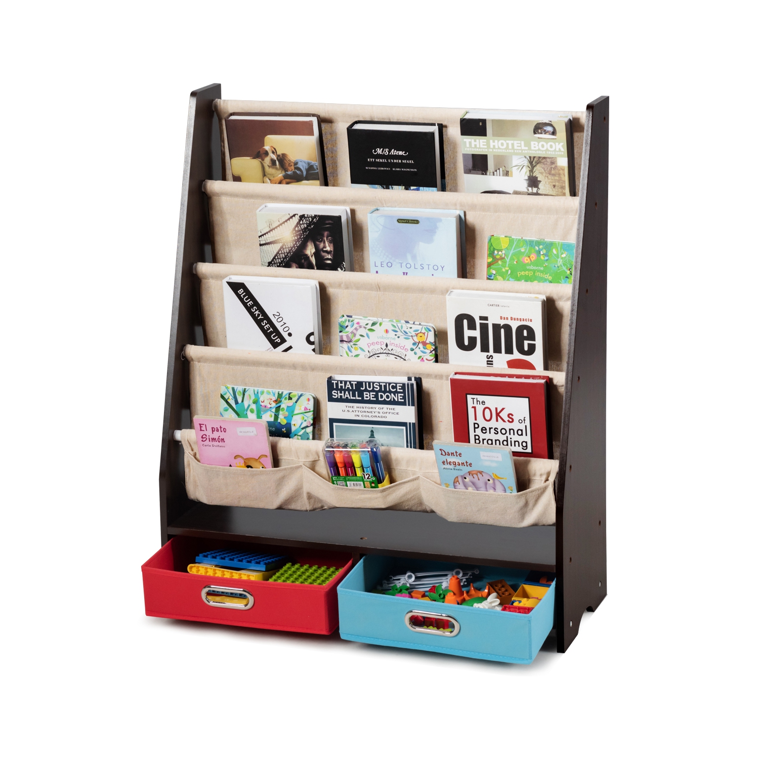 Topbuy Espresso Book Rack Kids Toys Organizer Shelves With 4 Sling Bookshelf And 2 Boxes