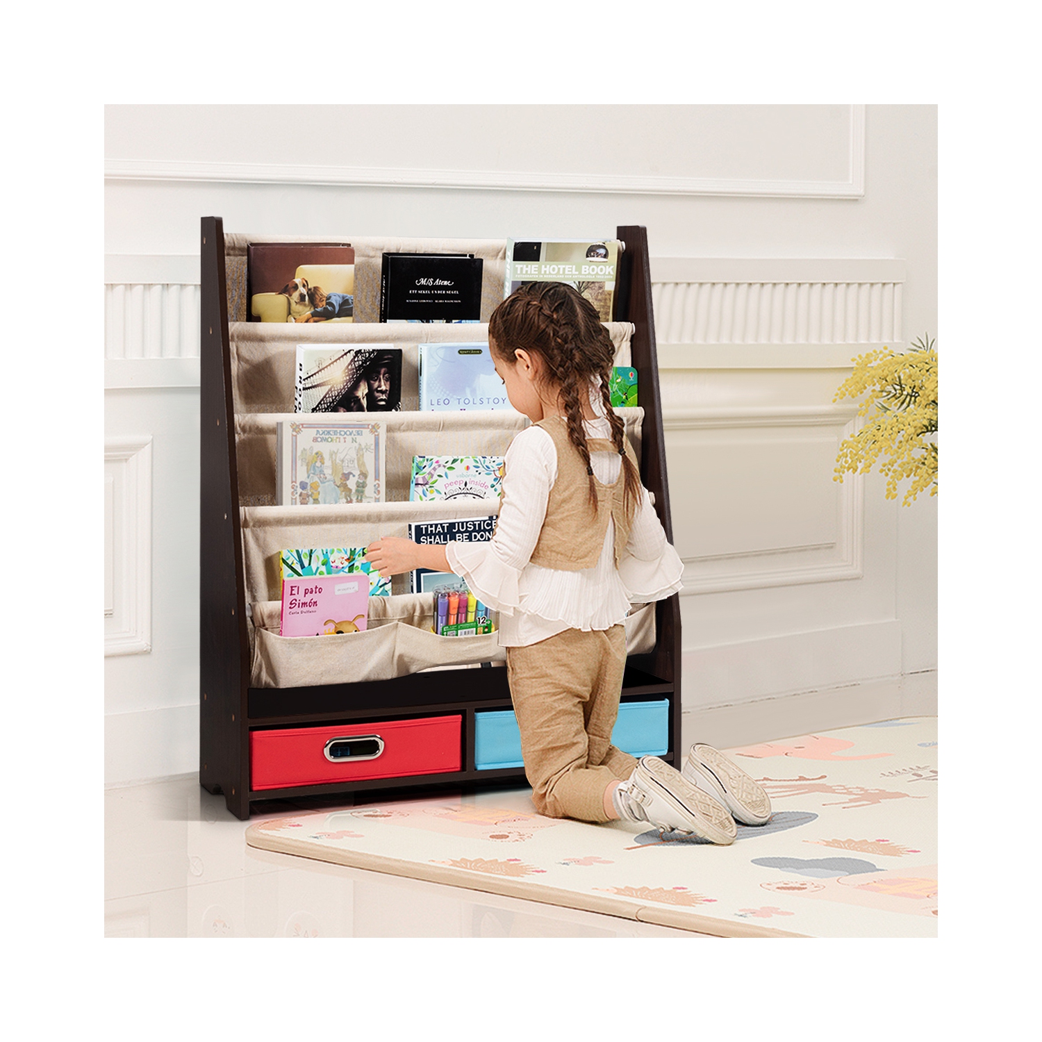 Topbuy Espresso Book Rack Kids Toys Organizer Shelves With 4 Sling Bookshelf And 2 Boxes