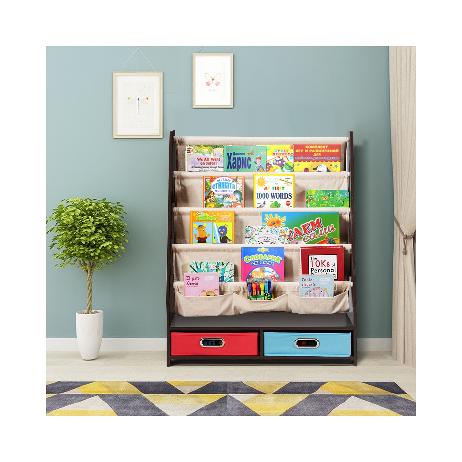 Topbuy Espresso Book Rack Kids Toys Organizer Shelves With 4 Sling Bookshelf And 2 Boxes