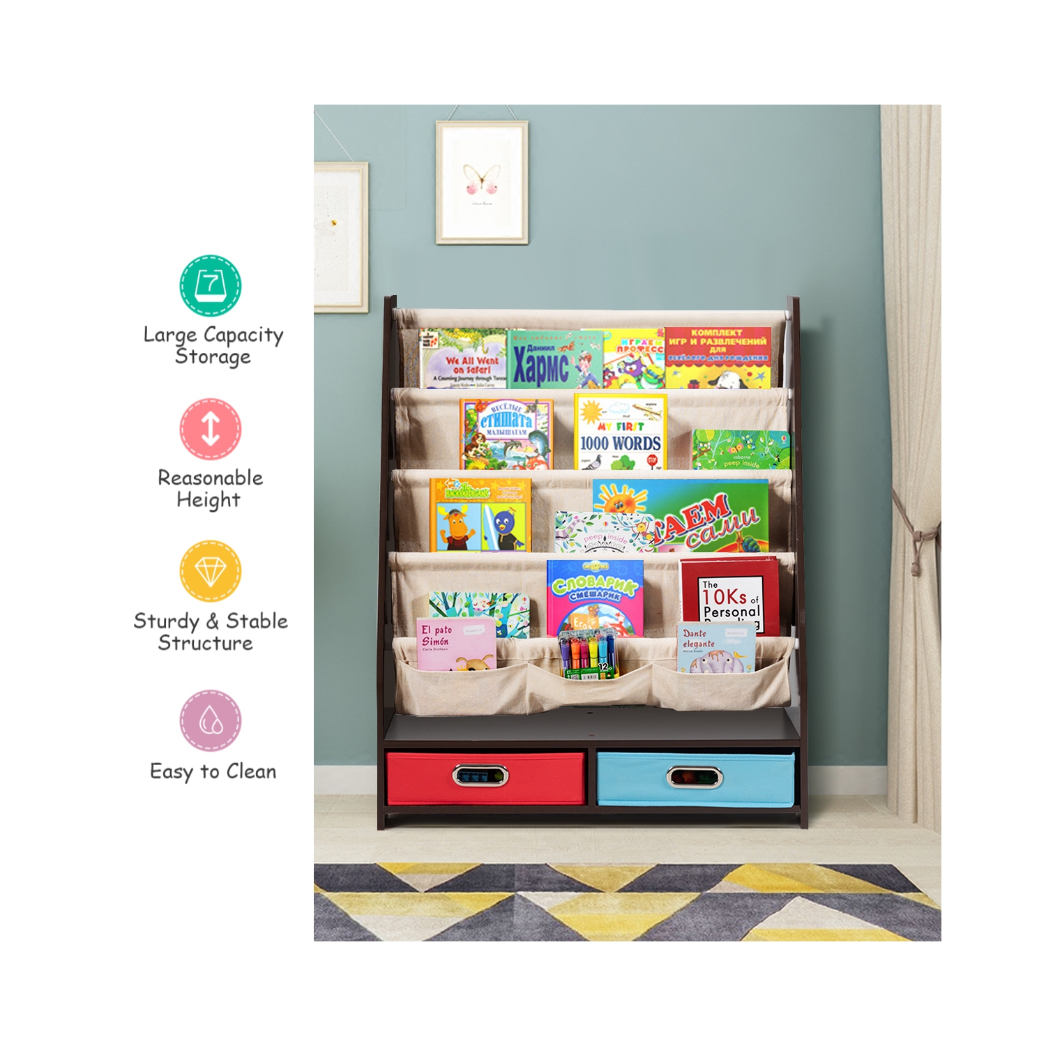 Topbuy Espresso Book Rack Kids Toys Organizer Shelves With 4 Sling Bookshelf And 2 Boxes