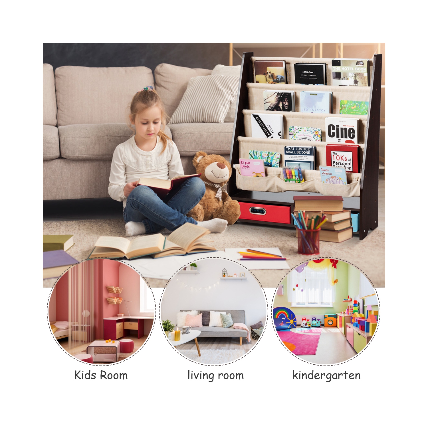 Topbuy Espresso Book Rack Kids Toys Organizer Shelves With 4 Sling Bookshelf And 2 Boxes