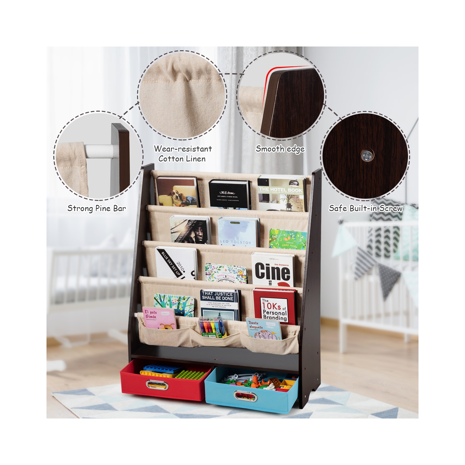 Topbuy Espresso Book Rack Kids Toys Organizer Shelves With 4 Sling Bookshelf And 2 Boxes