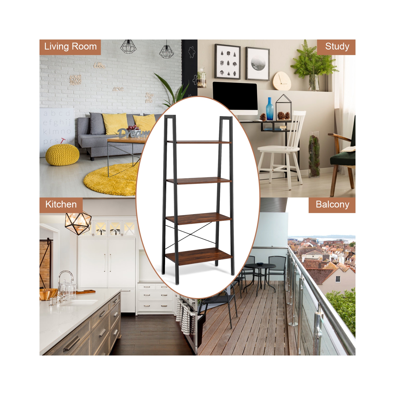 Topbuy 4-Tier Ladder Bookshelf Display Ladder Rack Free-Standing Plant Black