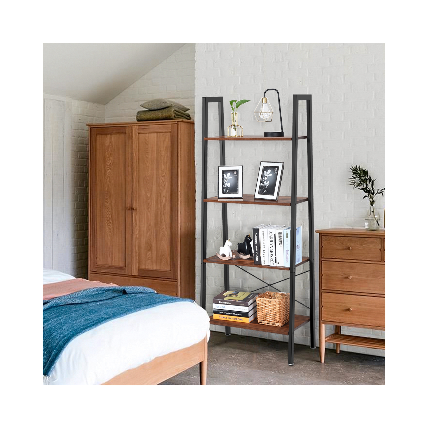 Topbuy 4-Tier Ladder Bookshelf Display Ladder Rack Free-Standing Plant Black