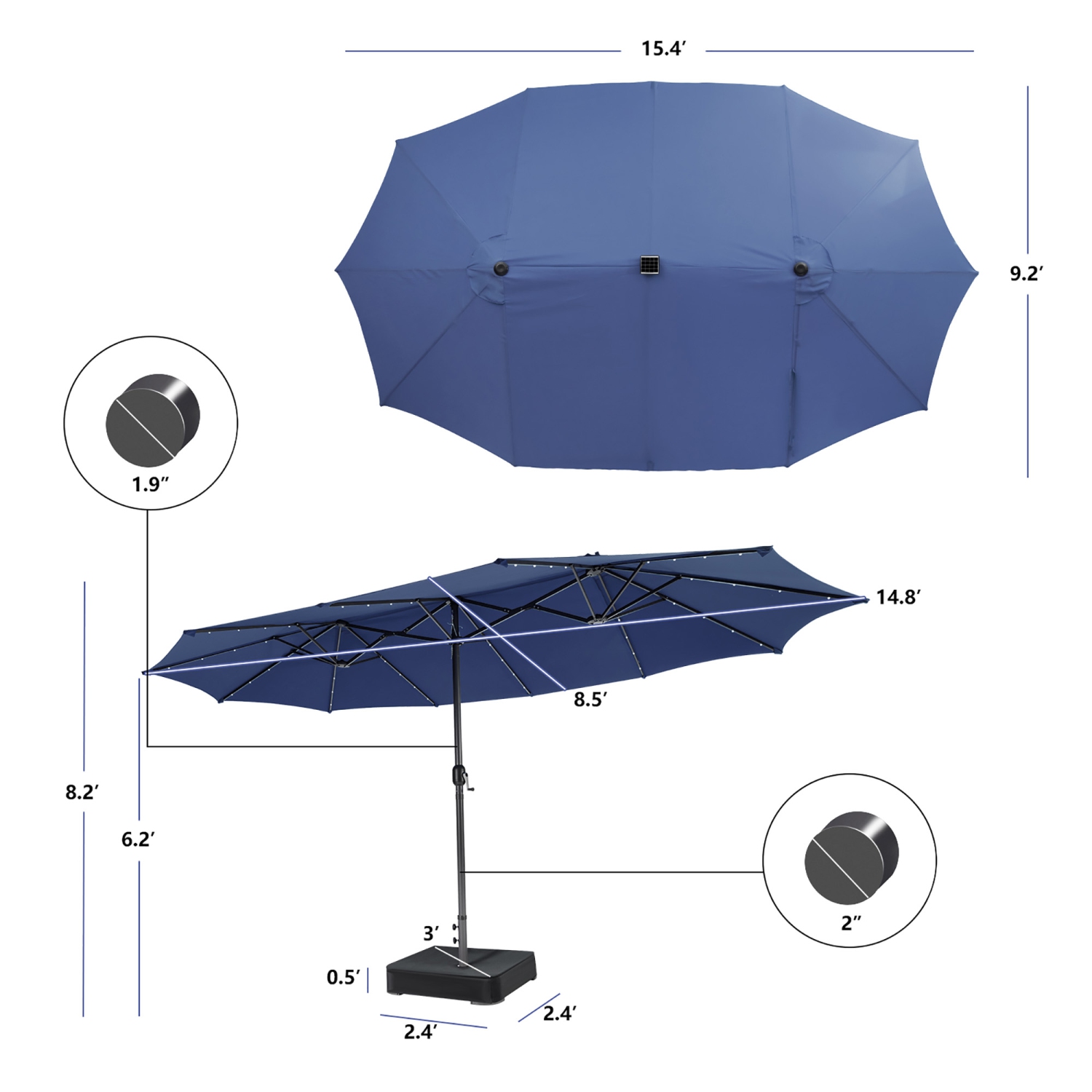 Gymax Outdoor 15' Double-Sided Patio Umbrella 48 Solar LED Lights Crank & Base