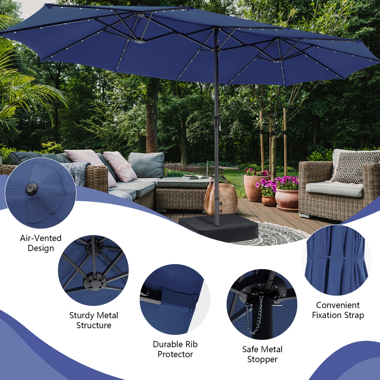 Gymax Outdoor 15' Double-Sided Patio Umbrella 48 Solar LED Lights Crank & Base