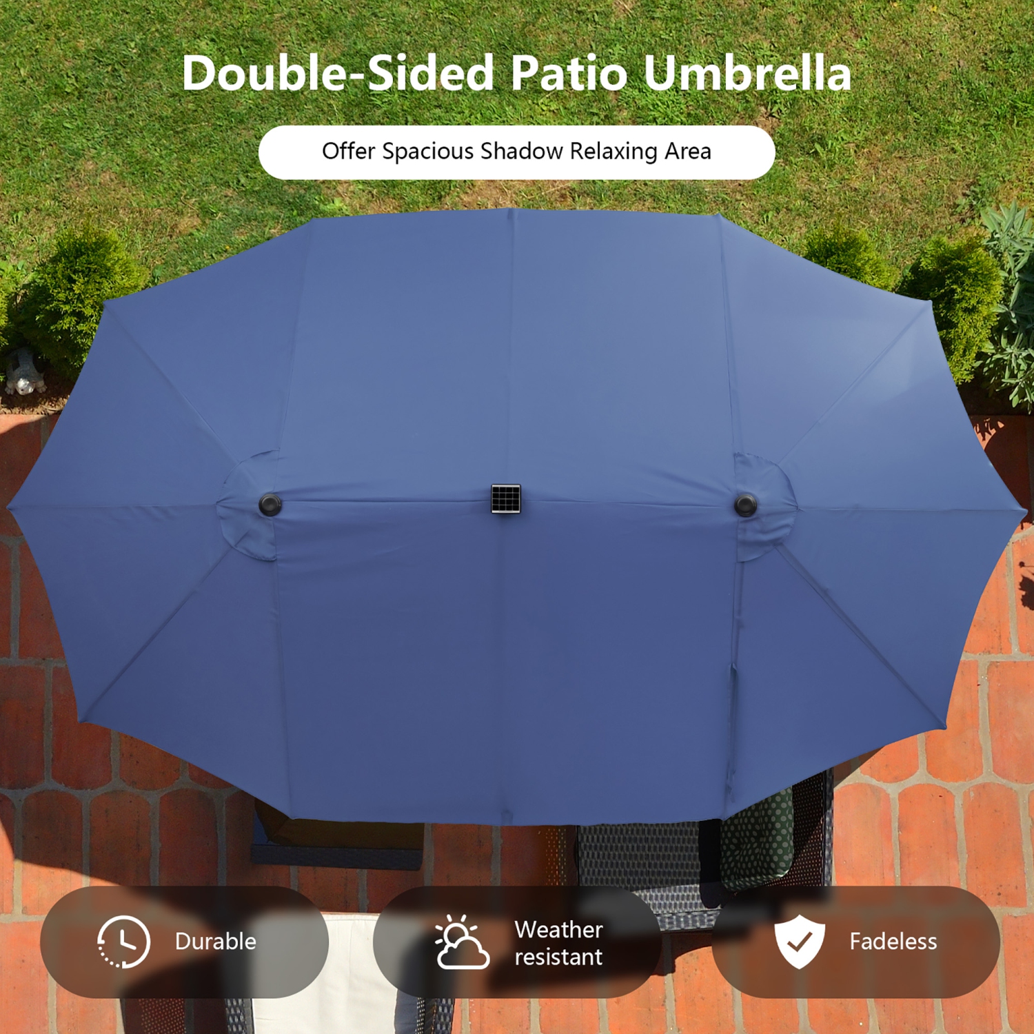 Gymax Outdoor 15' Double-Sided Patio Umbrella 48 Solar LED Lights Crank & Base
