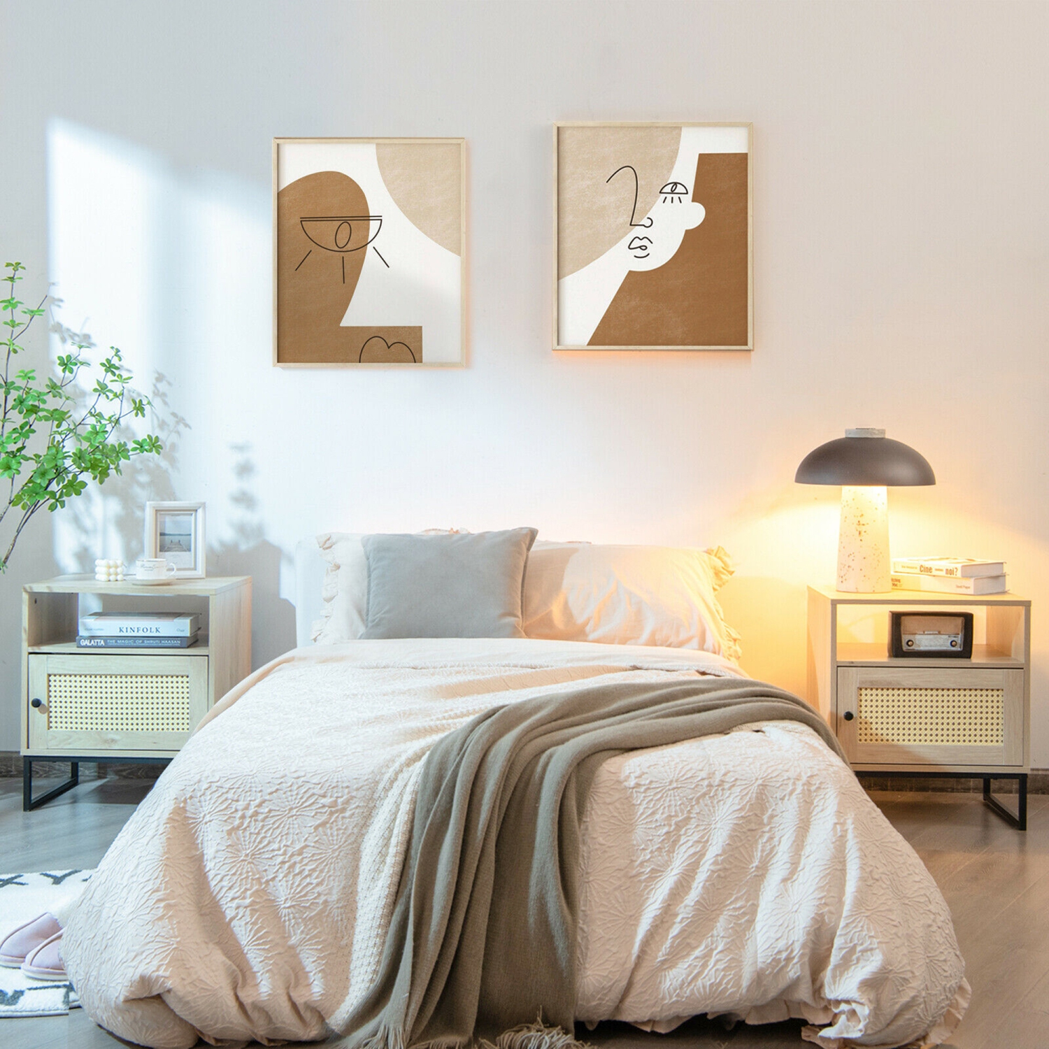 Gymax 2PCS Nightstand w/ Cabinet Wooden Side End Table Rattan Decorated Door Oak