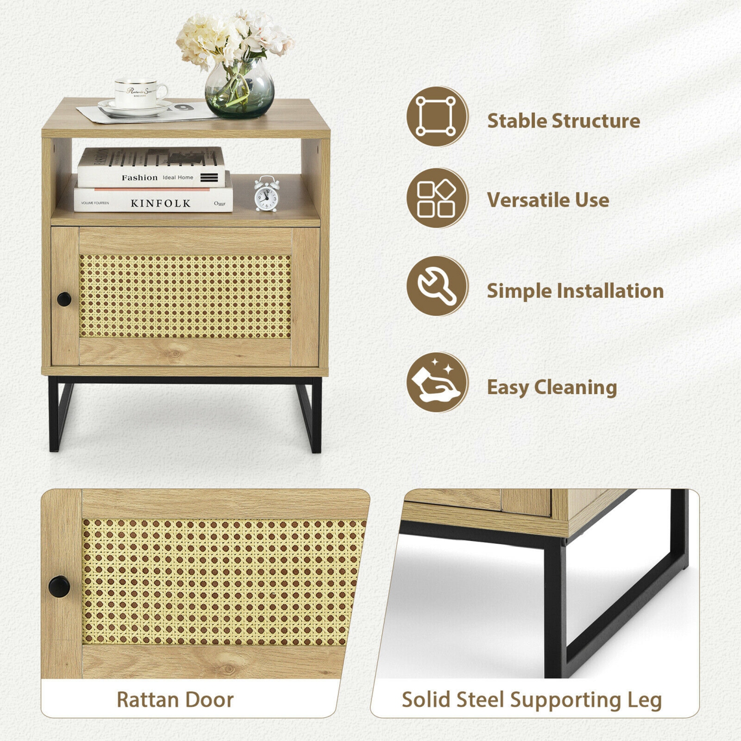 Gymax 2PCS Nightstand w/ Cabinet Wooden Side End Table Rattan Decorated Door Oak