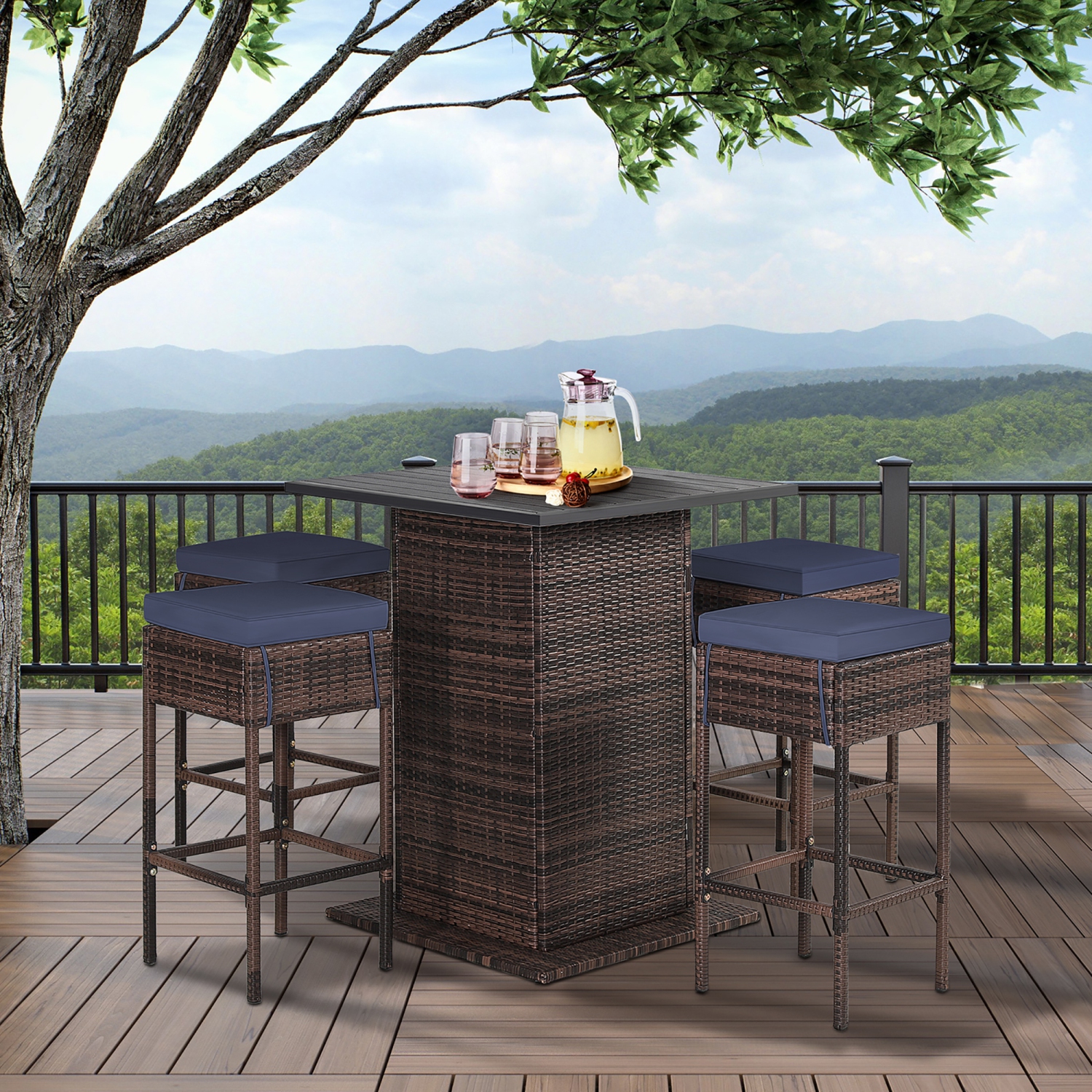 Gymax 5PCS Patio Bar Set Rattan Bar Furniture Set w/ Table & 4 Cushioned Stools Navy