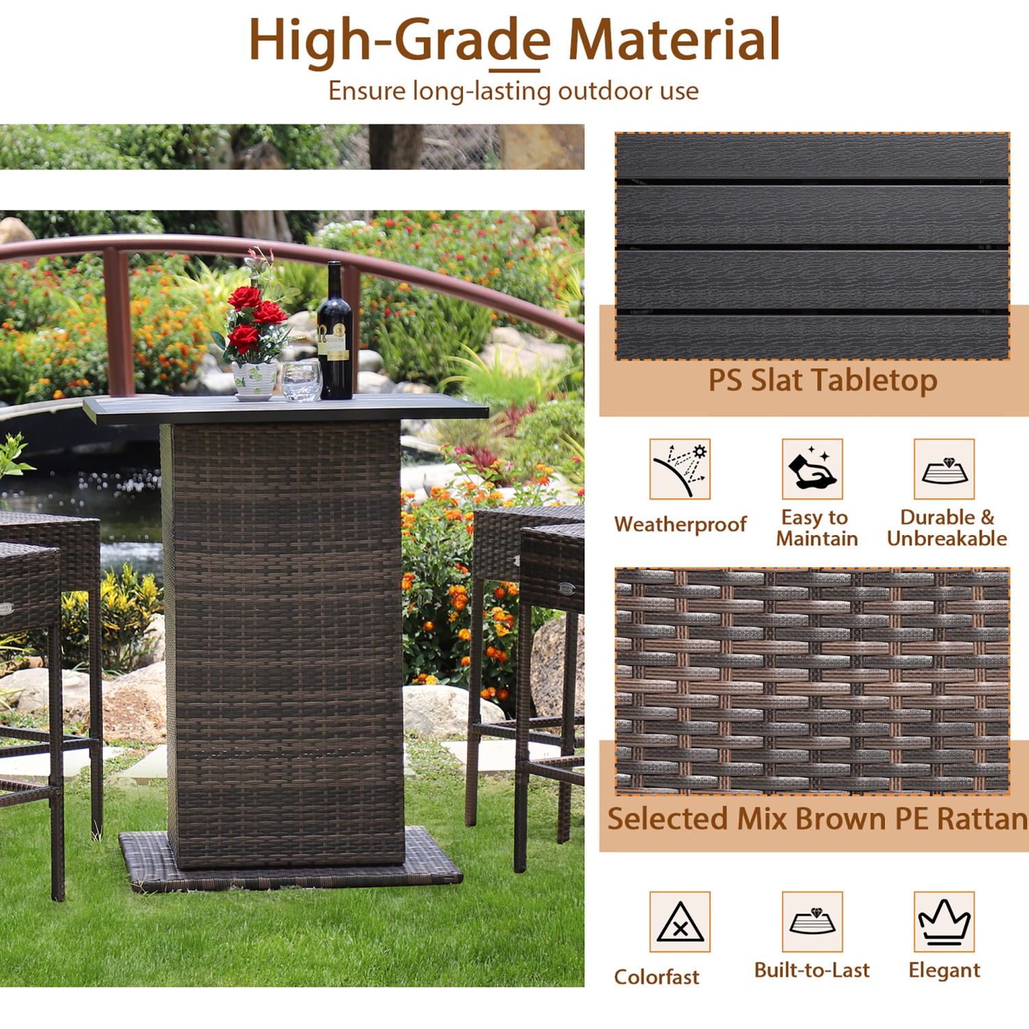 Gymax 5PCS Patio Bar Set Rattan Bar Furniture Set w/ Table & 4 Cushioned Stools Navy