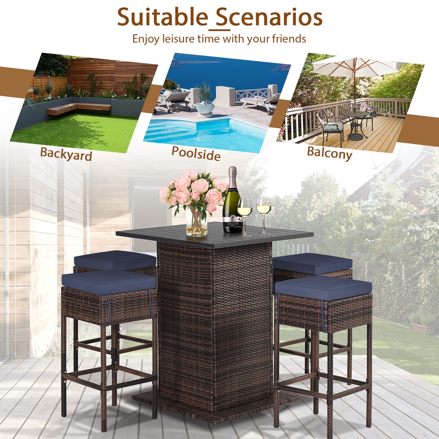 Gymax 5PCS Patio Bar Set Rattan Bar Furniture Set w/ Table & 4 Cushioned Stools Navy