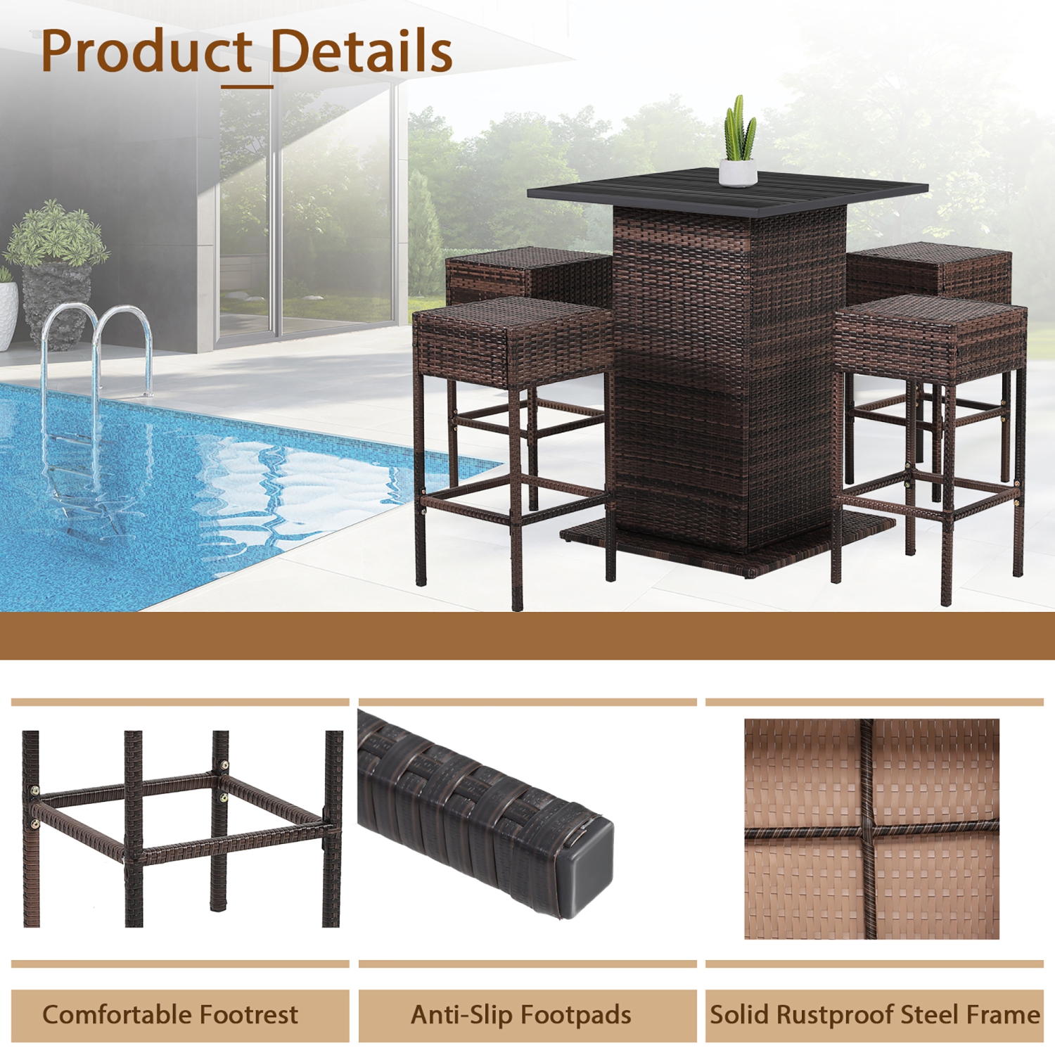 Gymax 5PCS Patio Bar Set Rattan Bar Furniture Set w/ Table & 4 Cushioned Stools Navy