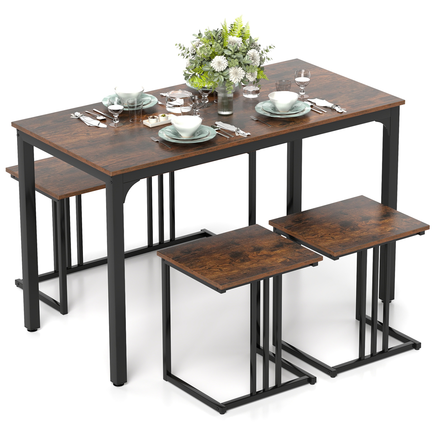 Gymax 4-Piece Dining Table Set Industrial Kitchen Table Set w/ Bench & 2 Stools for 4