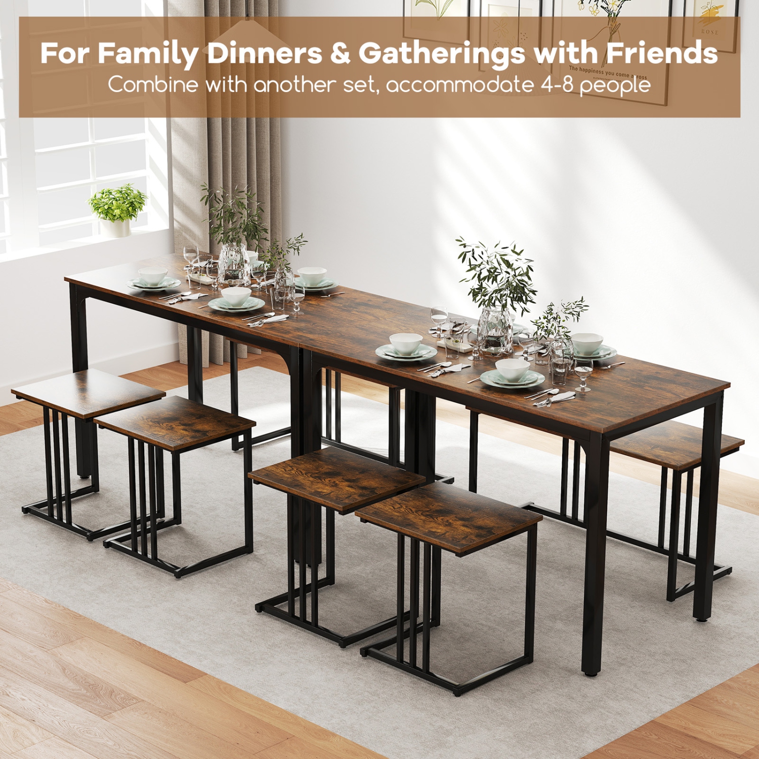 Gymax 4-Piece Dining Table Set Industrial Kitchen Table Set w/ Bench & 2 Stools for 4