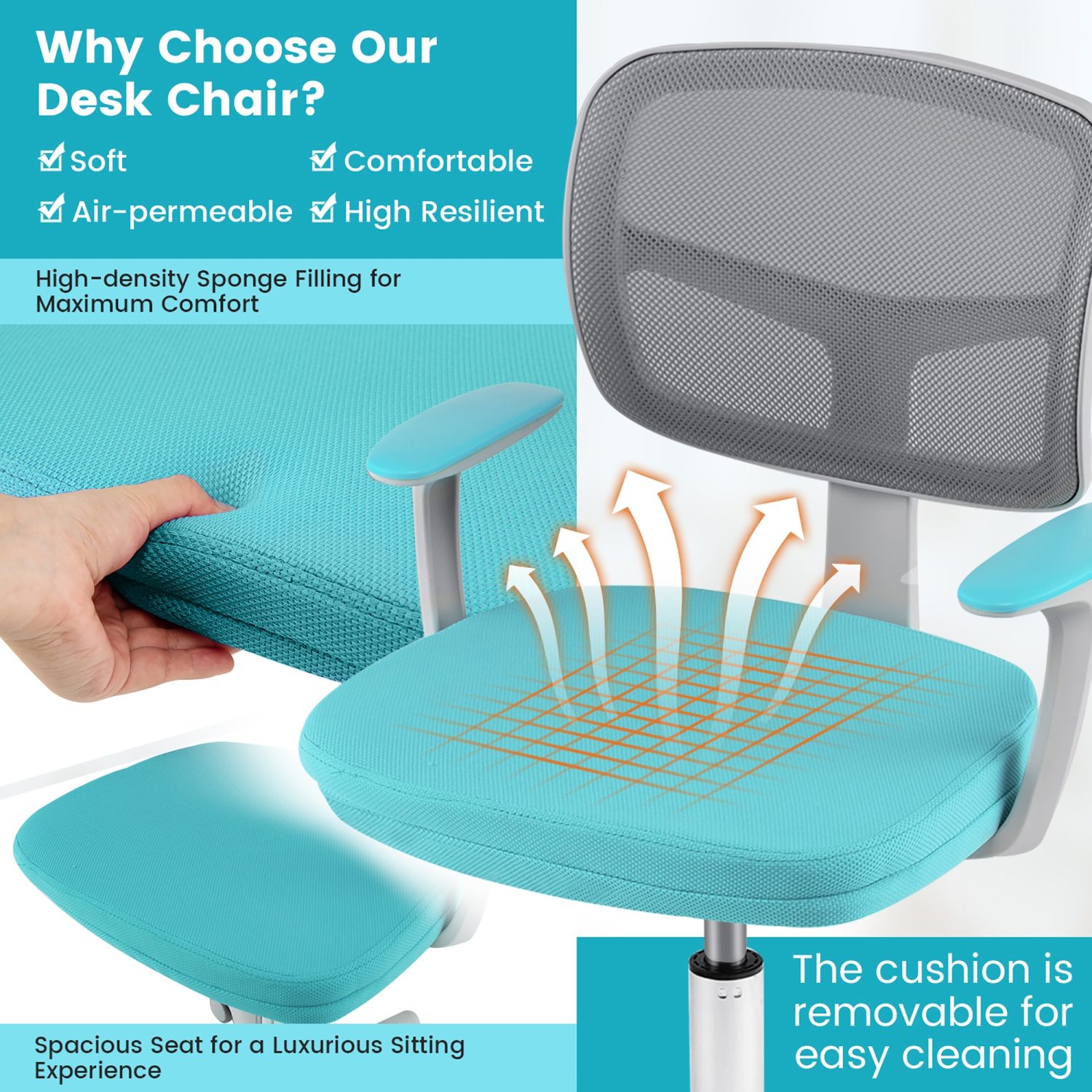 Gymax Kids Desk Chair Adjustable Height Children Study Chair w/ Auto Universal Casters Blue / Pink / Green / Purple