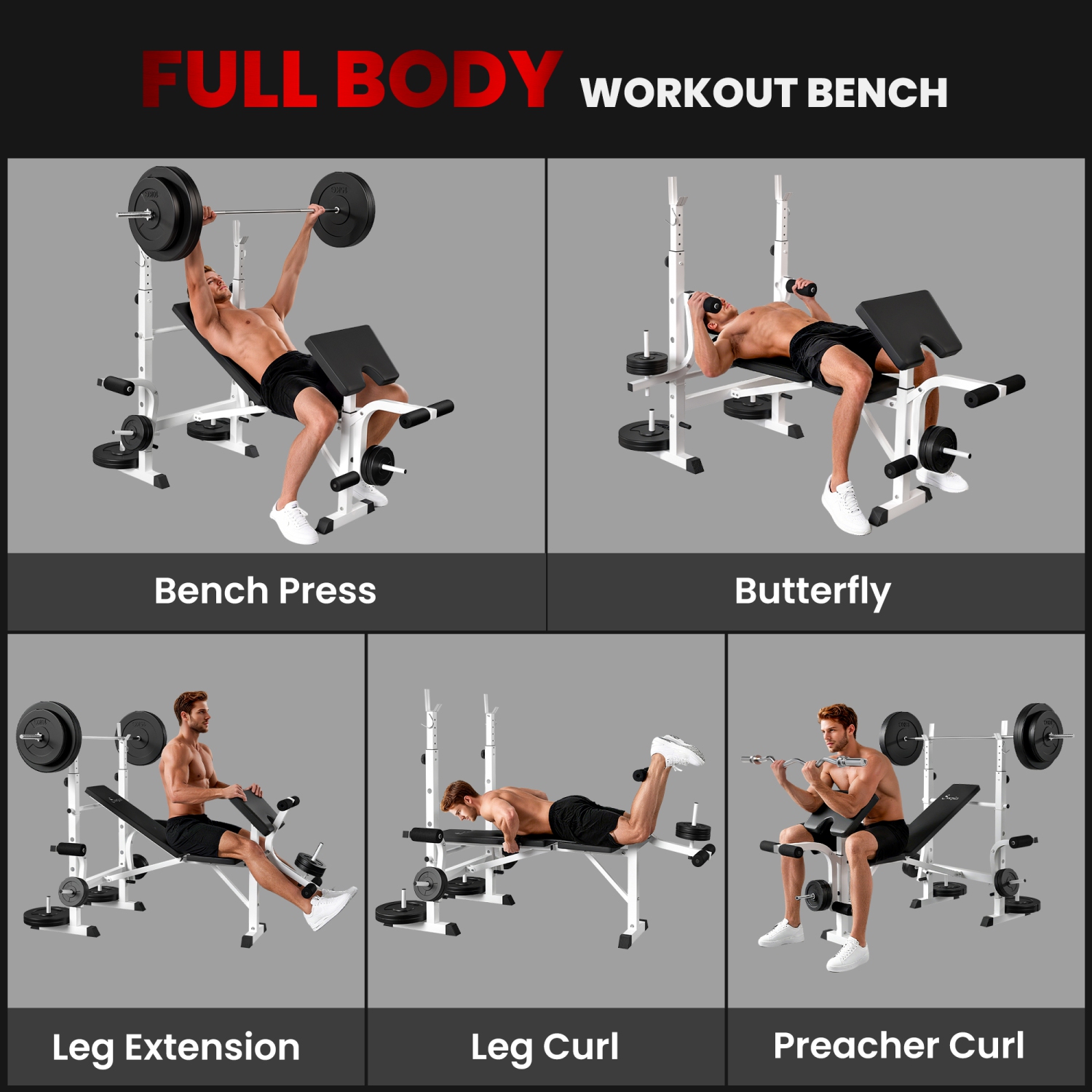 Soozier Adjustable Weight Bench with Squat Rack, Preacher Curl Pad, Leg Developer, Butterfly, and Weight Storage, Multi-Function Bench Press Set for