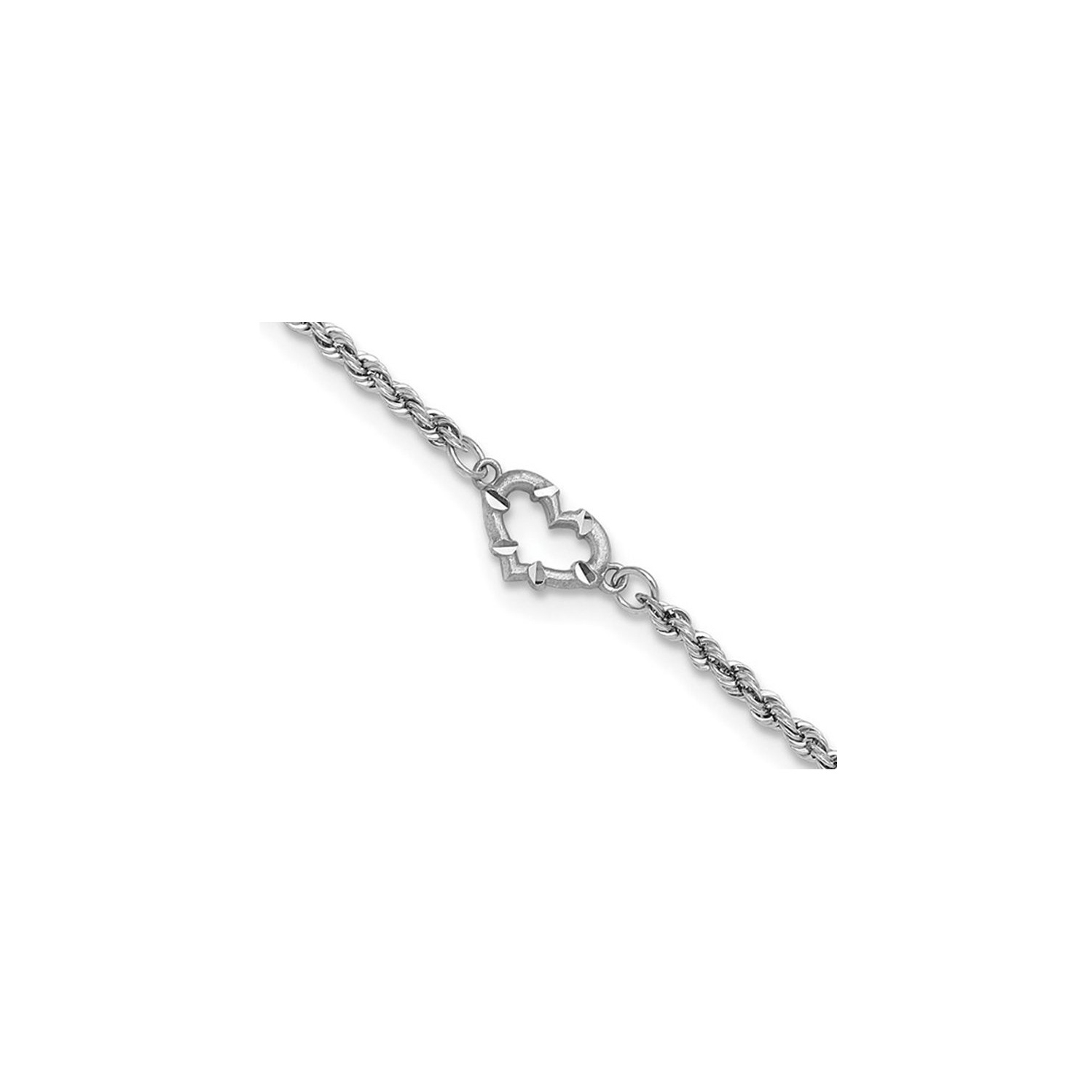 Chaîne de corde coupée en diamant avec coeur en or blanc 14K 10 pouces