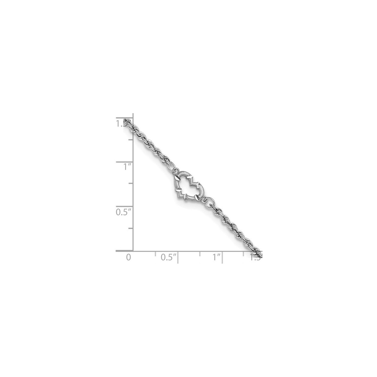 Chaîne de corde coupée en diamant avec coeur en or blanc 14K 10 pouces