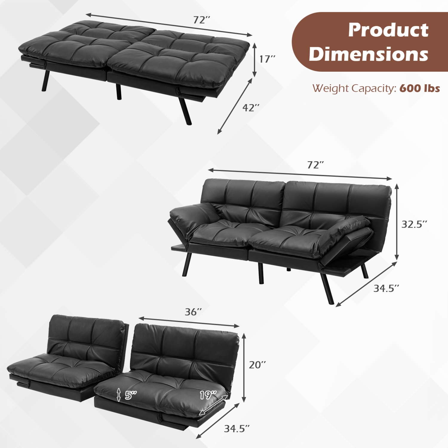 Costway Convertible Futon Sofa Bed Memory Foam Couch Sleeper with Adjustable Armrest Grey/Brown/Black