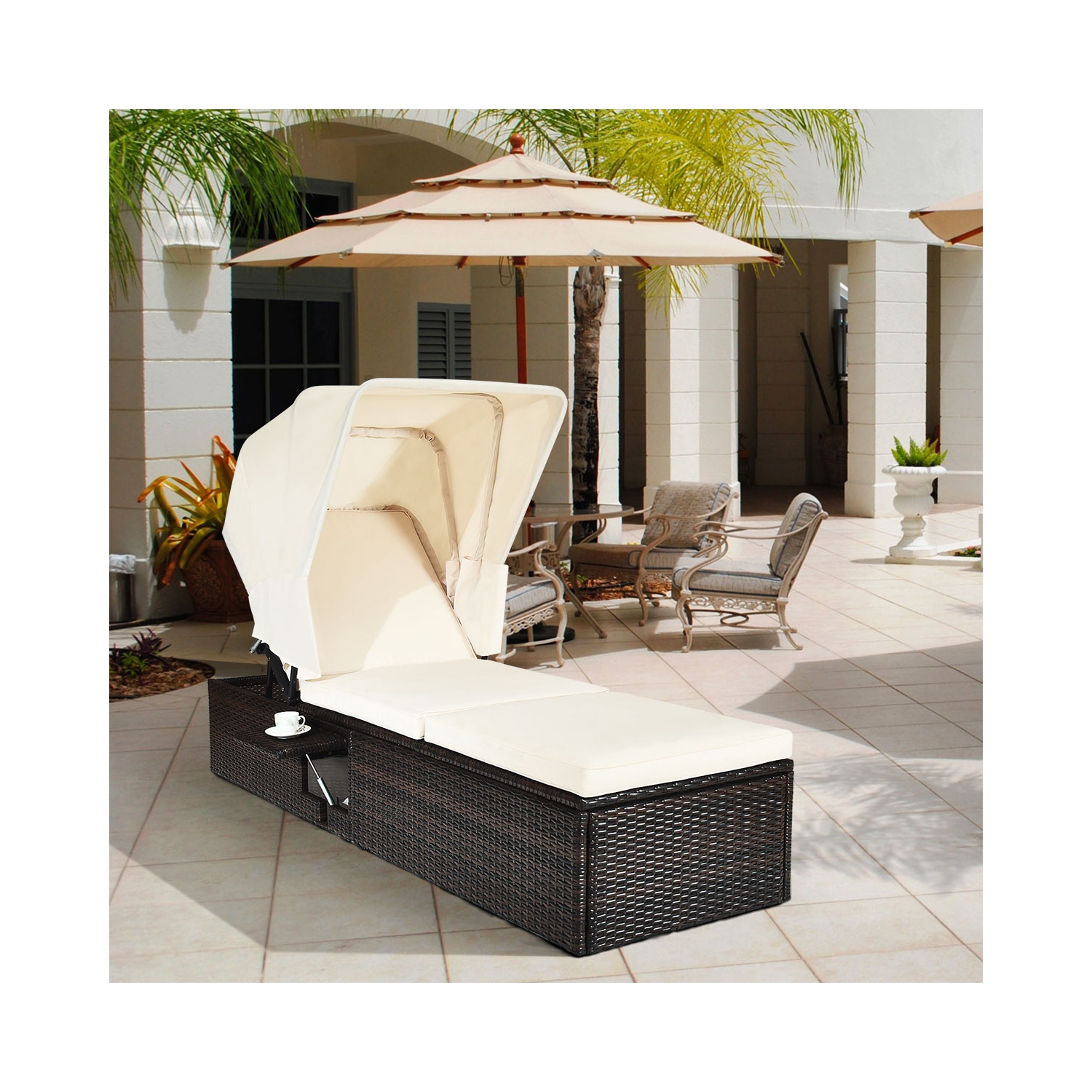 Chaise longue extérieure inclinable et coussinée TopBuy avec auvent pliant