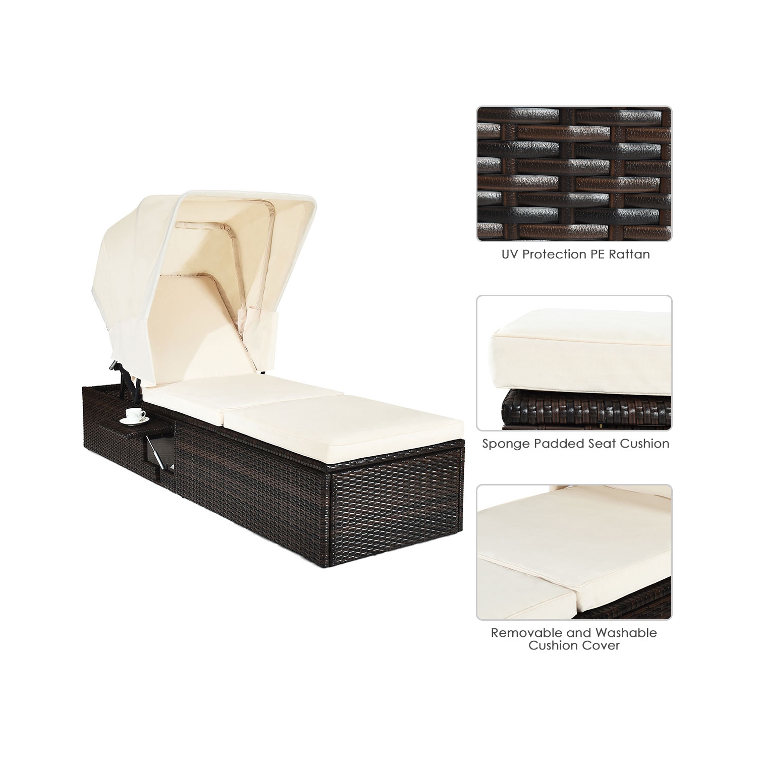 Chaise longue extérieure inclinable et coussinée TopBuy avec auvent pliant