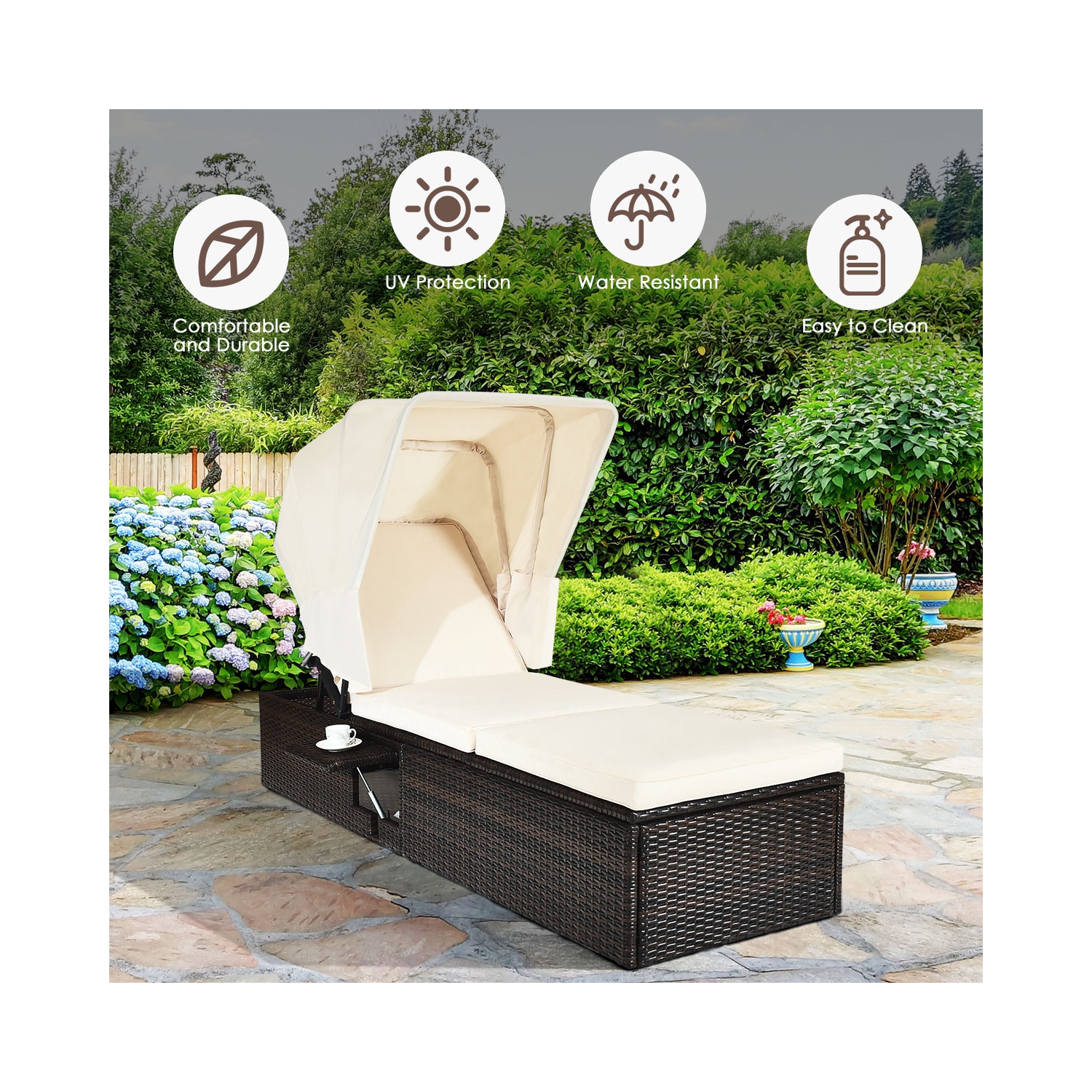 Chaise longue extérieure inclinable et coussinée TopBuy avec auvent pliant