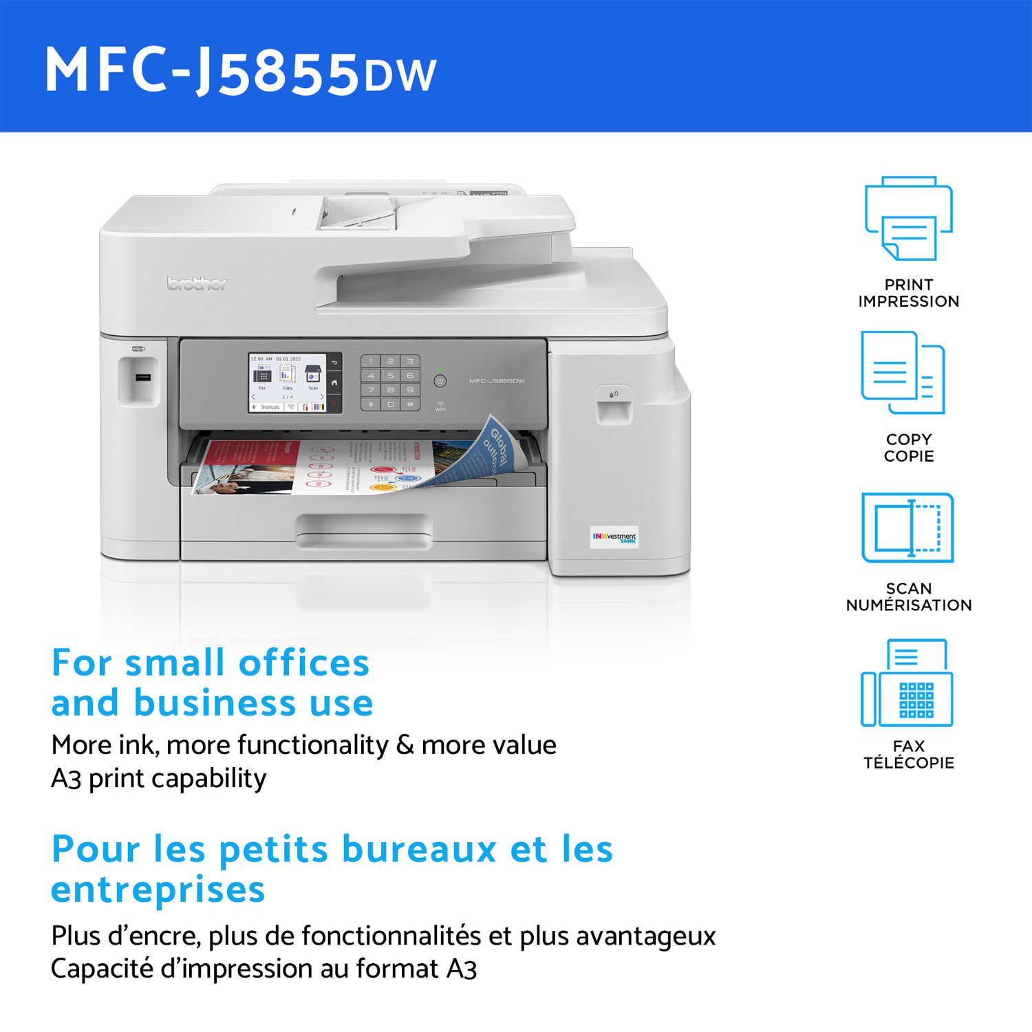 Brother MFCJ5855DW Wireless All-In-One Inkjet Printer with INKvestment Tank