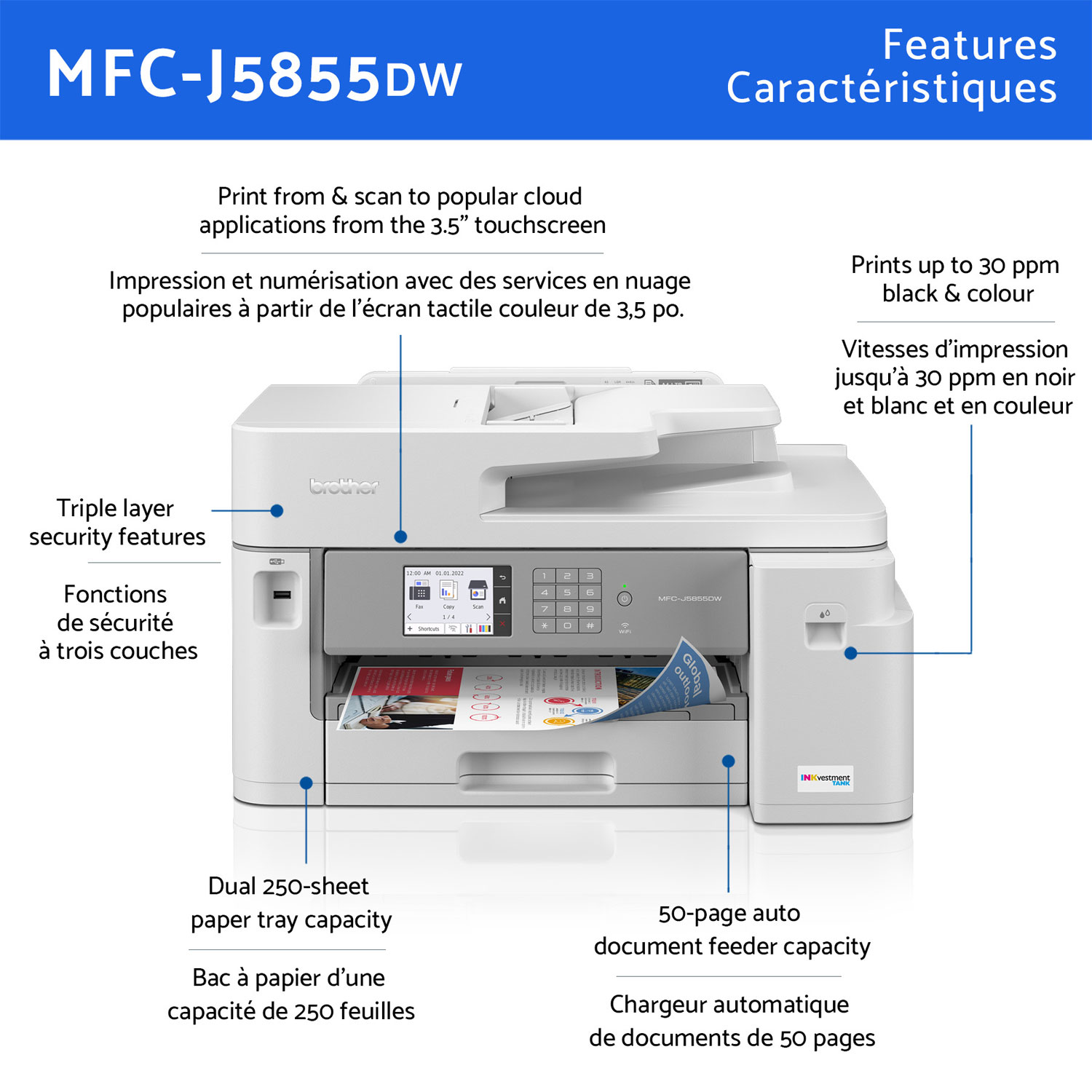 Brother MFCJ5855DW Wireless All-In-One Inkjet Printer with INKvestment Tank