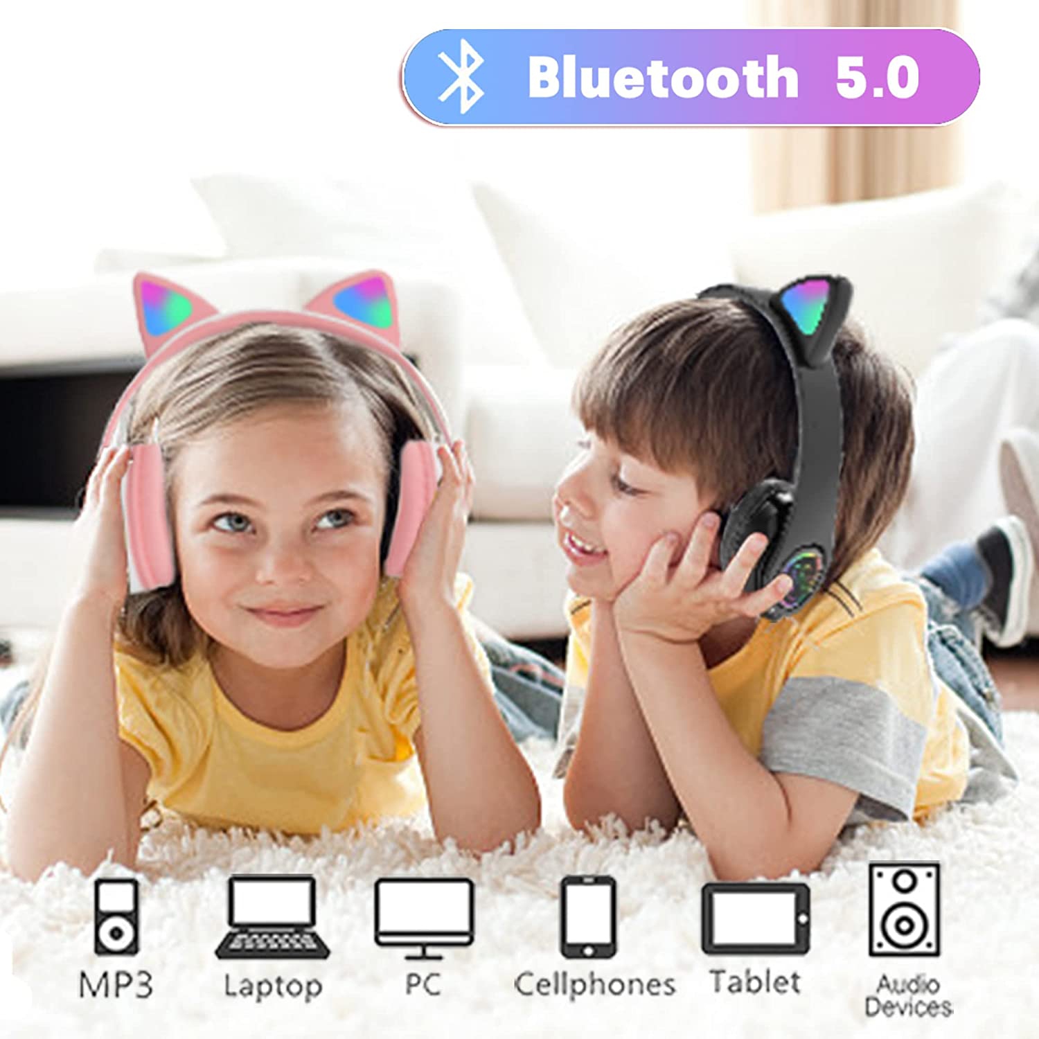 Led Flash Mignon Cat Ears Casque sans fil avec micro stéréo Compatible Bluetooth  Casque Support Tf Carte pour enfants Fille Musique Cadeau