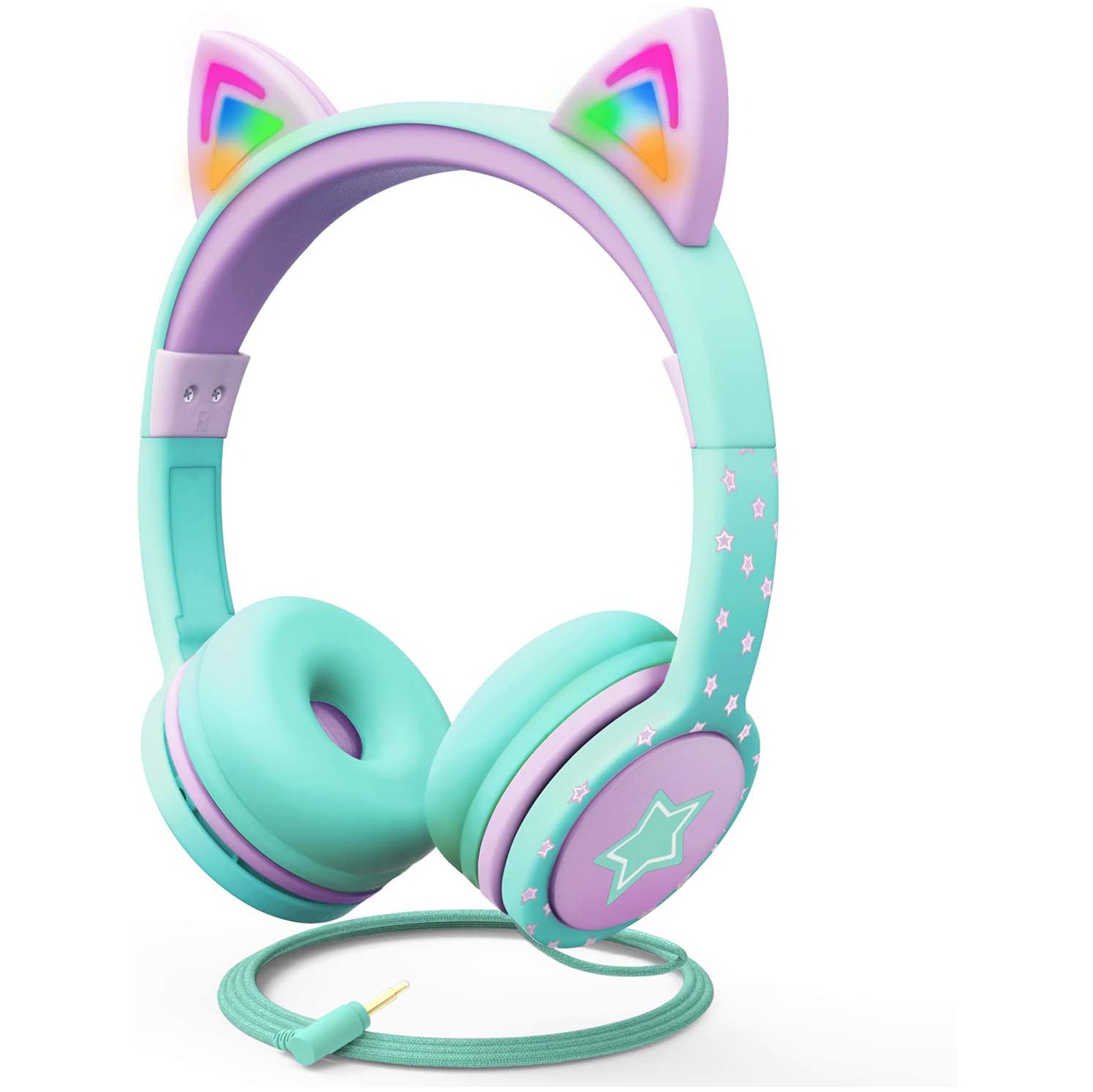 Écouteurs LED Cat Ears pour enfants, casque filaire intra-auriculaire de 3,5 mm avec câbles lacés pour smartphones, PC et ordinateur portable -