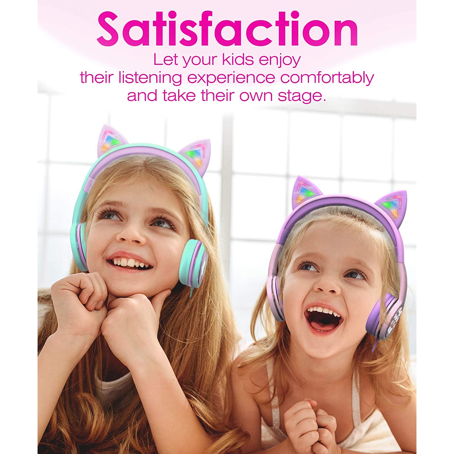 Écouteurs LED Cat Ears pour enfants, casque filaire intra-auriculaire de 3,5 mm avec câbles lacés pour smartphones, PC et ordinateur portable -