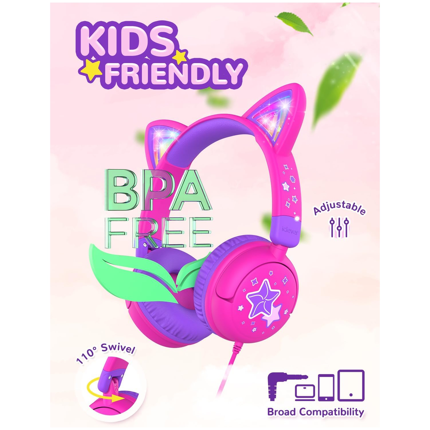 Casque pour enfants avec oreilles de chat LED, casque filaire intra-auriculaire de 3,5 mm avec câbles lacés pour smartphones, PC, tablette et