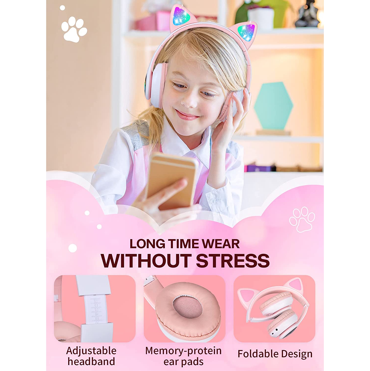 Cat Ear LED Casque Bluetooth pliable pour enfants, 2 en 1 filaire / sans fil  Mode HD stéréo Son pour PC et smartphones. (Rose)