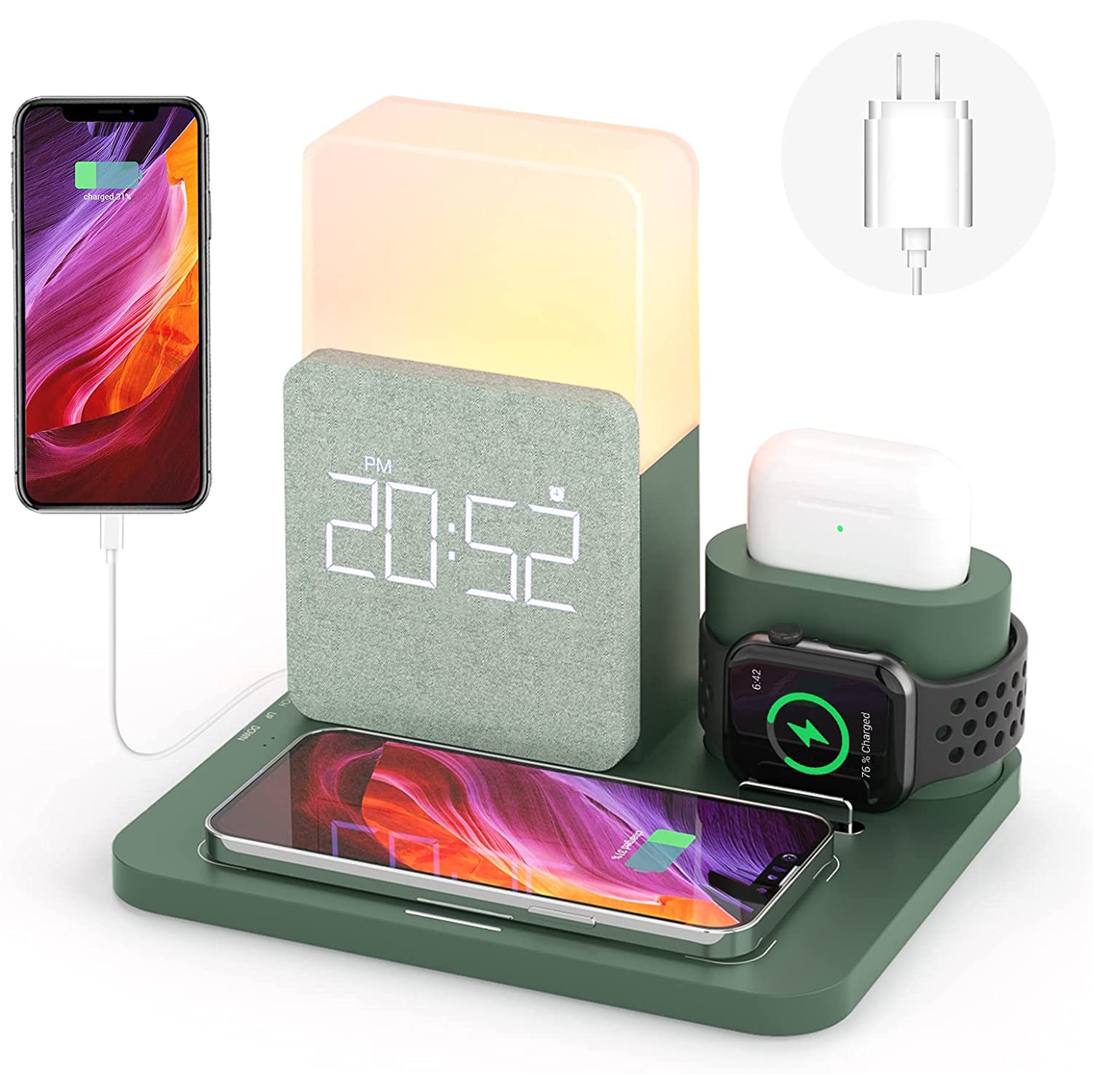 Wireless Charging Station, iPhone 3 in 1 Fast Wireless Charger 15W with Alarm Clock and Table Lamp,iPhone 12/13 Pro/13 Mini/13 Pro Max/12 pro, Samsung, AirPods(QC3.0 Adapter Includ