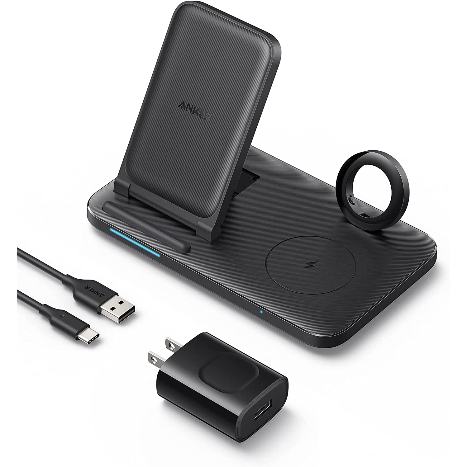 Anker Foldable 3-in-1 Wireless Charging Station with Adapter, 335 Wireless Charger, for iPhone 14 Series, AirPods Pro, Apple Watch Series 1-6 (Works with Original 1m/3.3ft USB-A Ca