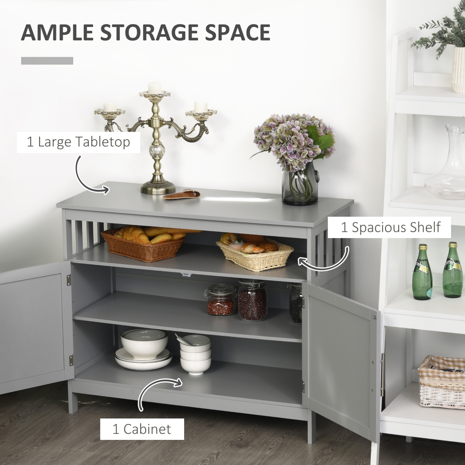 Buffet de cuisine, buffet, console de rangement en bois avec armoire à 2 niveaux et tablette ouverte de HOMCOM, gris