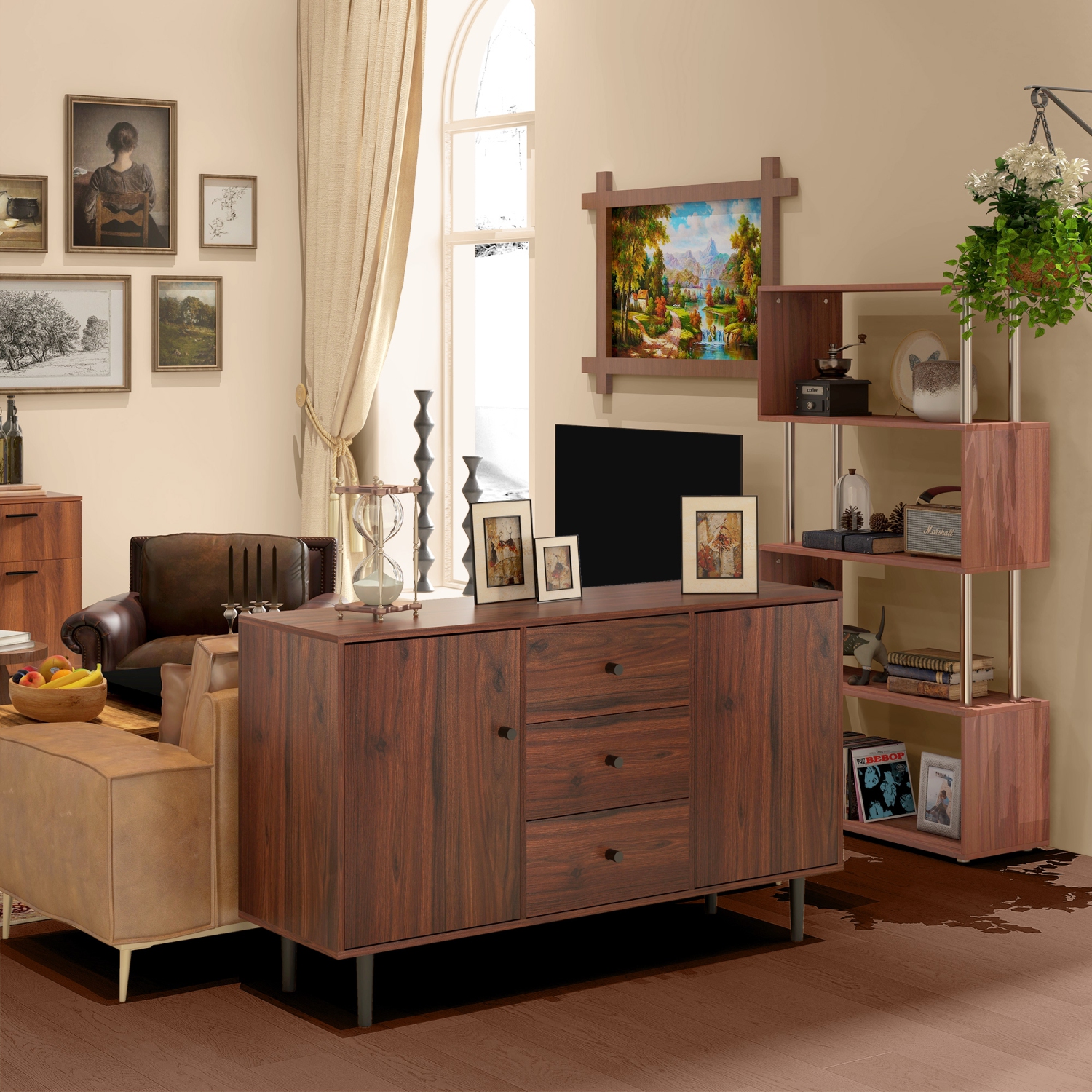 HOMCOM – Armoire de rangement de cuisine, armoire de buffet rétro, bar à café avec 2 portes, 3 tiroirs, tablettes ajustables et pattes en bois,
