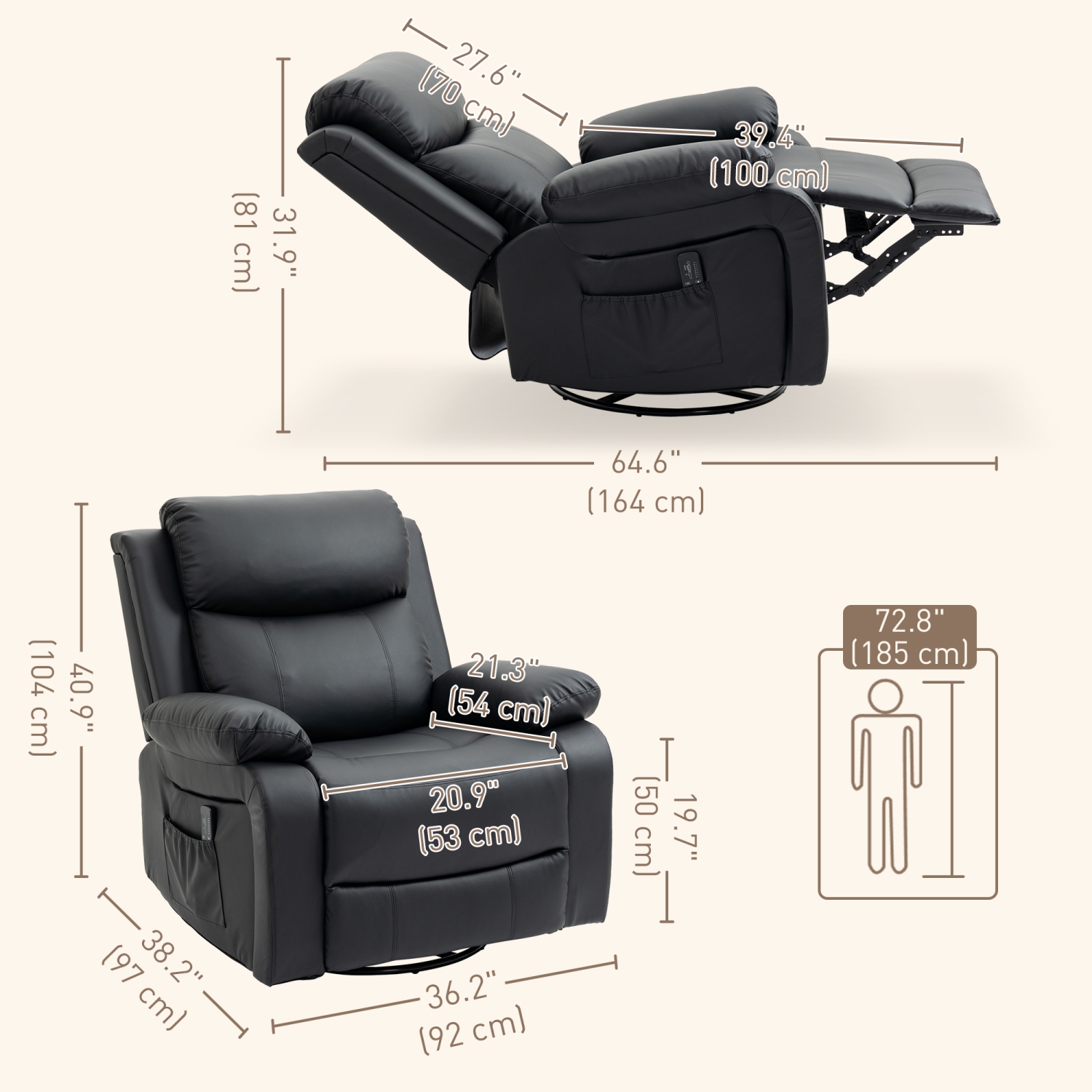 Fauteuil de massage inclinable de HOMCOM, fauteuil berçant pivotant pour salon, canapé inclinable manuel en cuir PU avec télécommande et pochettes
